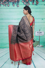 Load image into Gallery viewer, Black Dupion Silk Saree with Red Border - Keya Seth Exclusive
