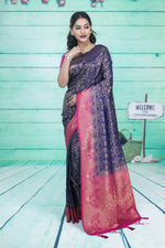Load image into Gallery viewer, Navy Blue Dupion Silk Saree with Pink Border - Keya Seth Exclusive

