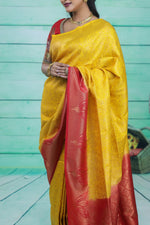 Load image into Gallery viewer, Yellow Dupion Silk Saree with Red Border - Keya Seth Exclusive
