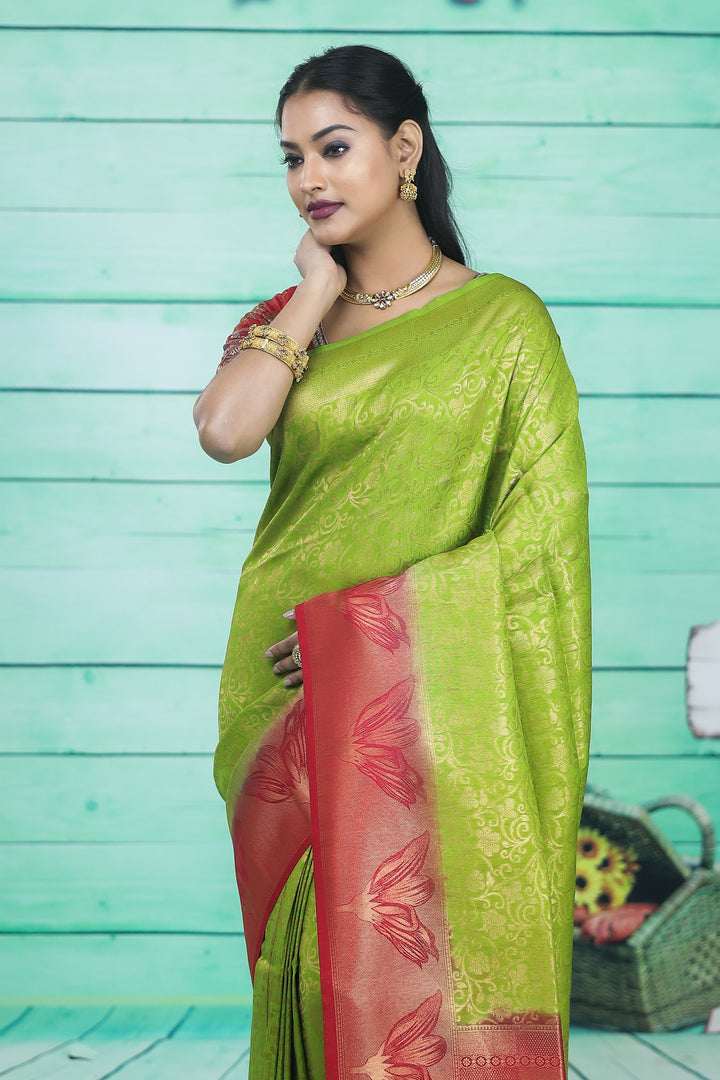 Light Green Dupion Silk Saree with Red Border - Keya Seth Exclusive