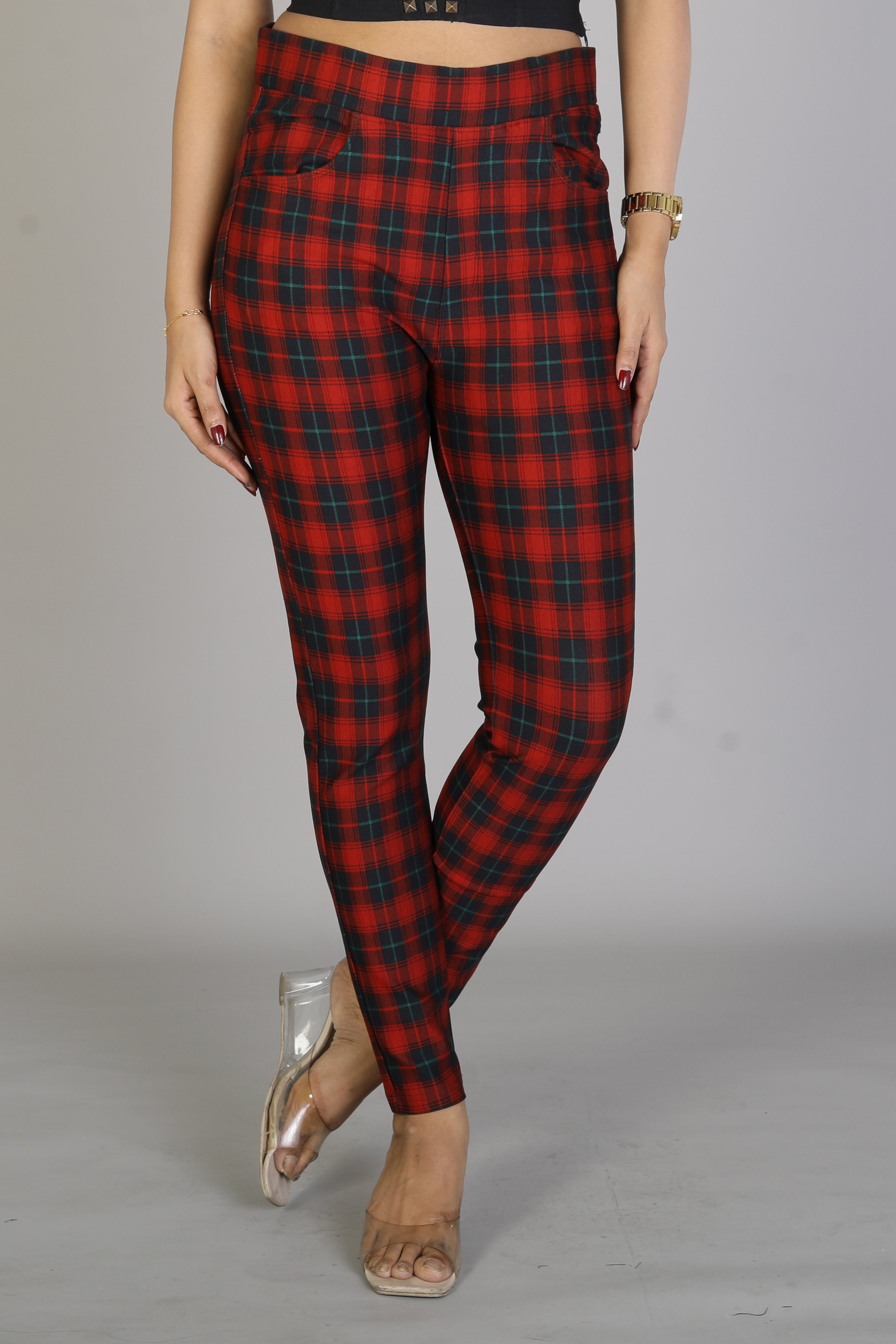 Women's Red Checkered Jeggings - Keya Seth Exclusive