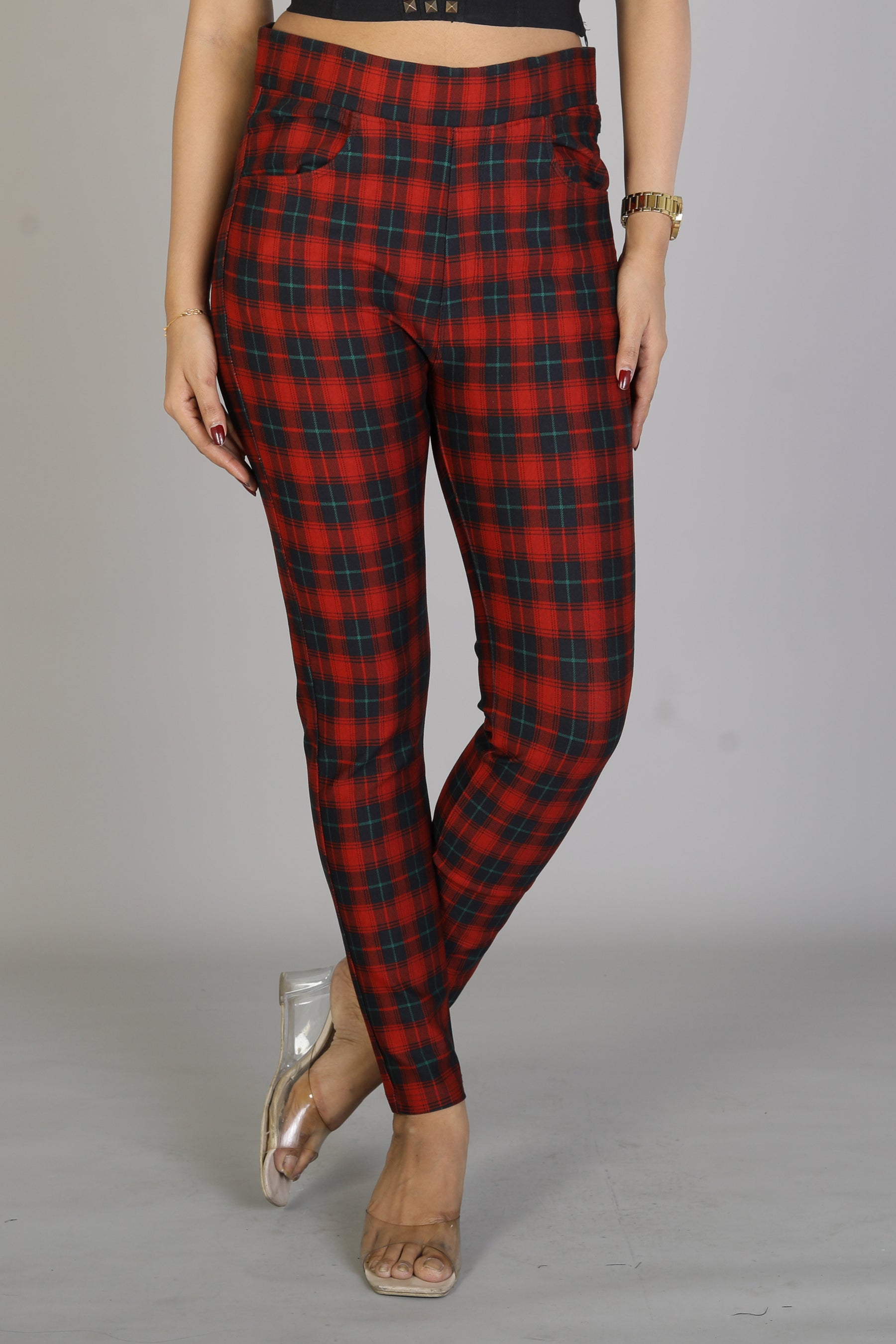 Women's Red Checkered Jeggings - Keya Seth Exclusive
