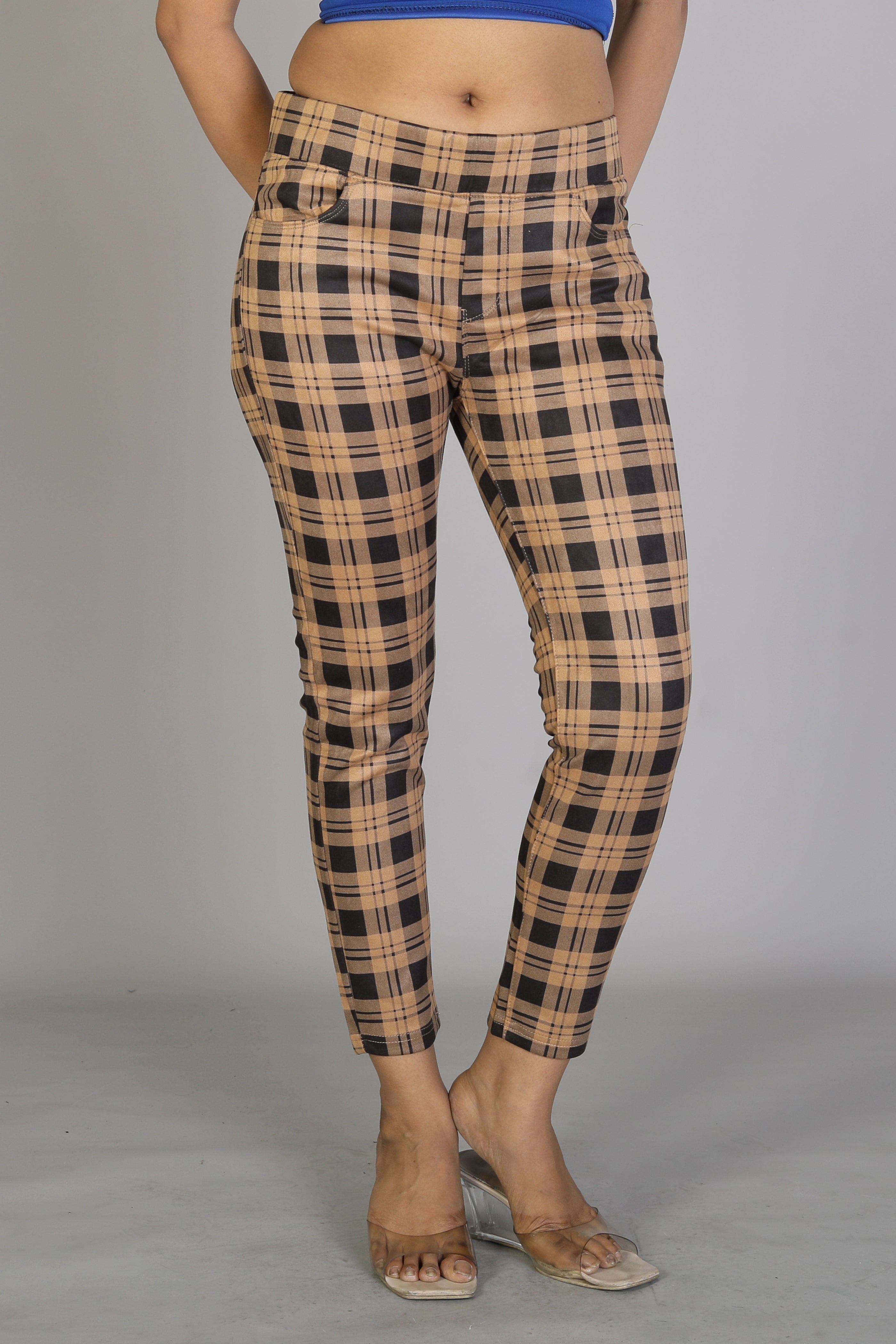 Beige Navy Tartan Trousers Womens Women's Beige Checkered