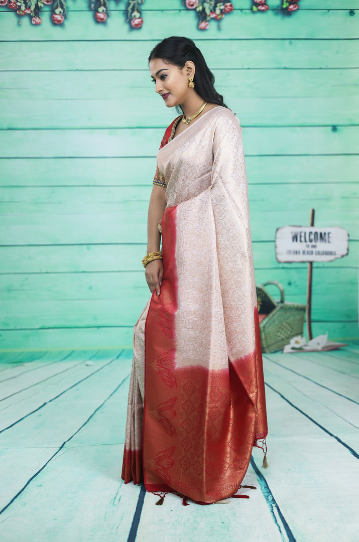 White Dupion Silk Saree with Red Border - Keya Seth Exclusive