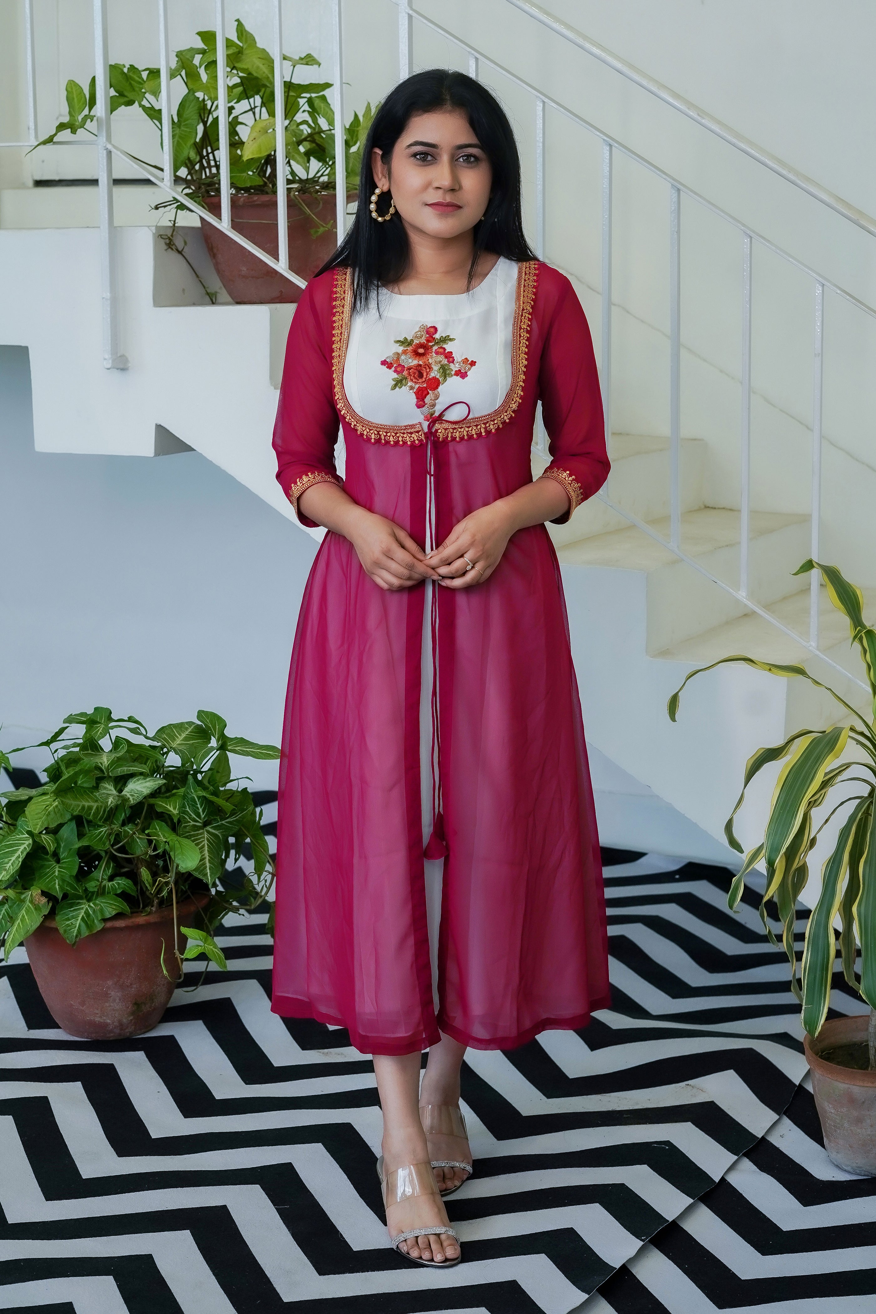 White Beautiful Dress with Magenta Shrug - Keya Seth Exclusive