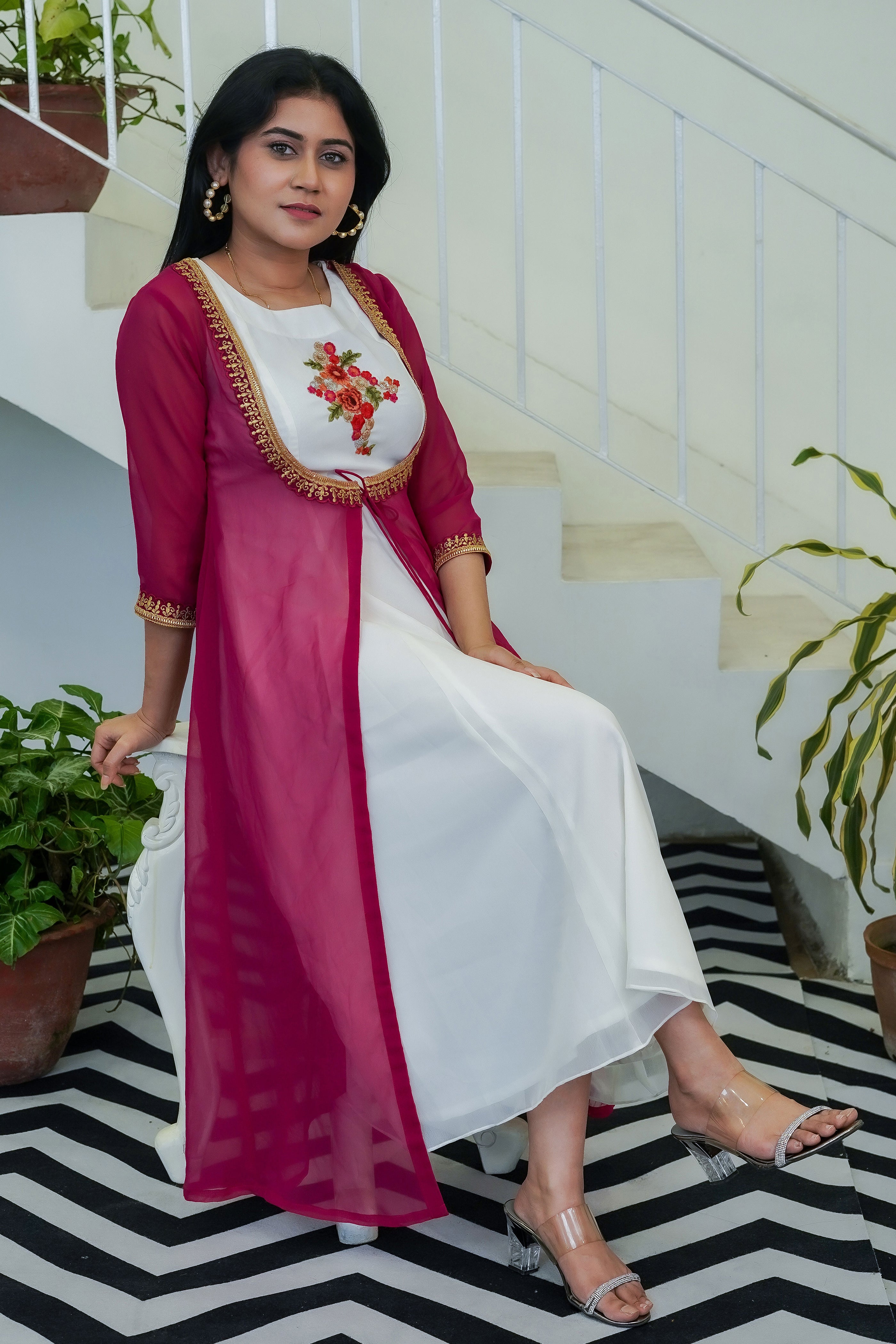 White Beautiful Dress with Magenta Shrug - Keya Seth Exclusive