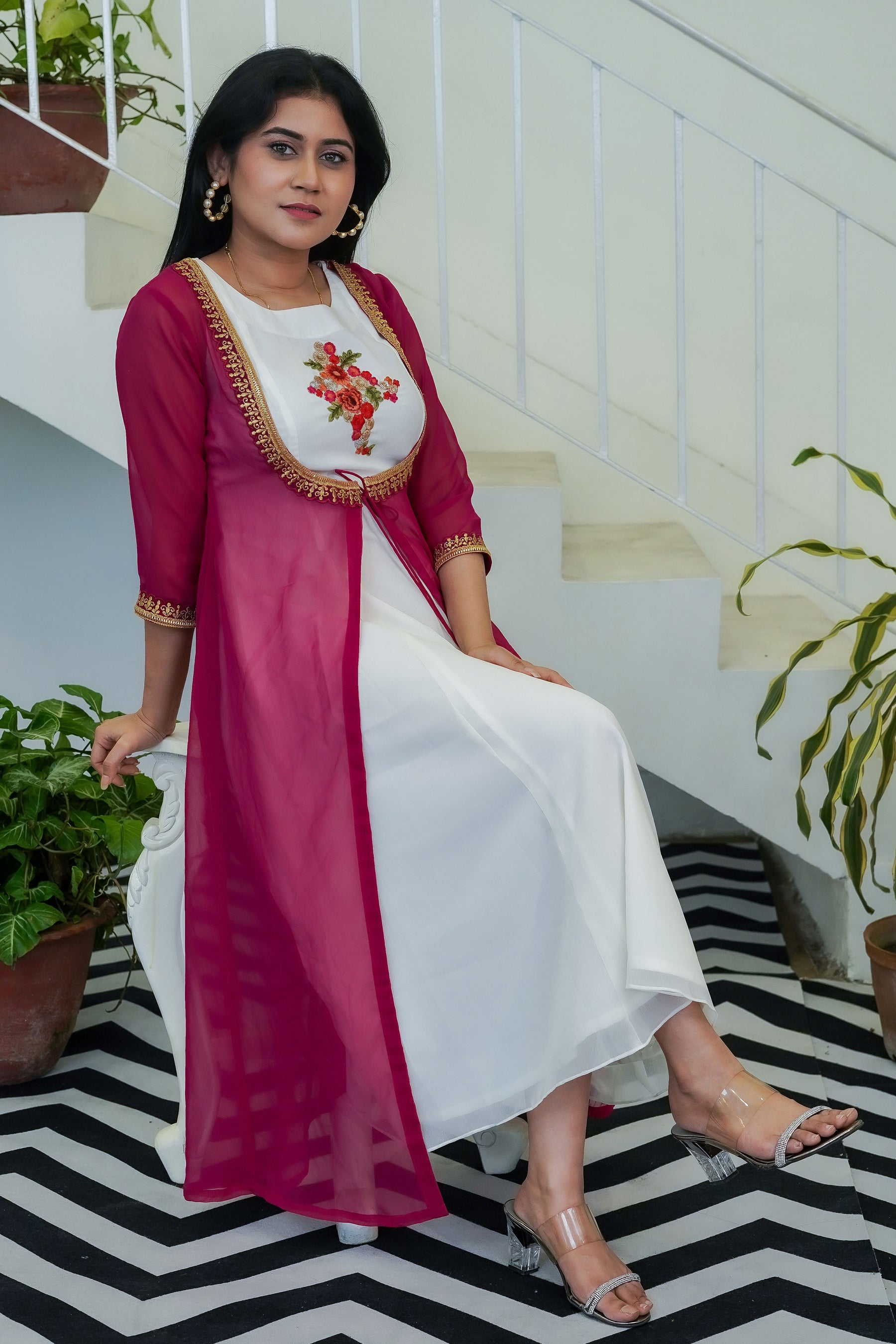 White Beautiful Dress with Magenta Shrug - Keya Seth Exclusive