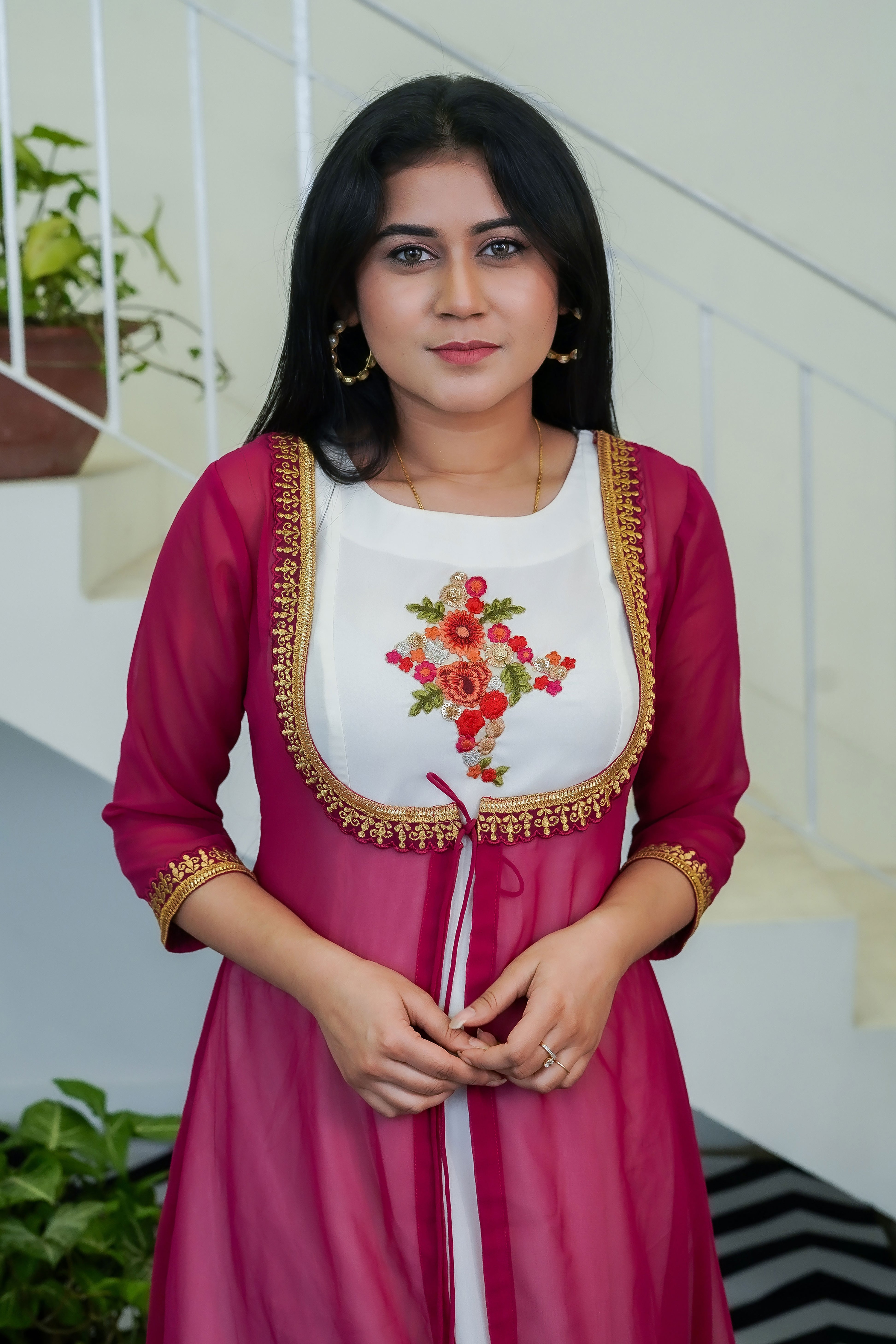 White Beautiful Dress with Magenta Shrug - Keya Seth Exclusive