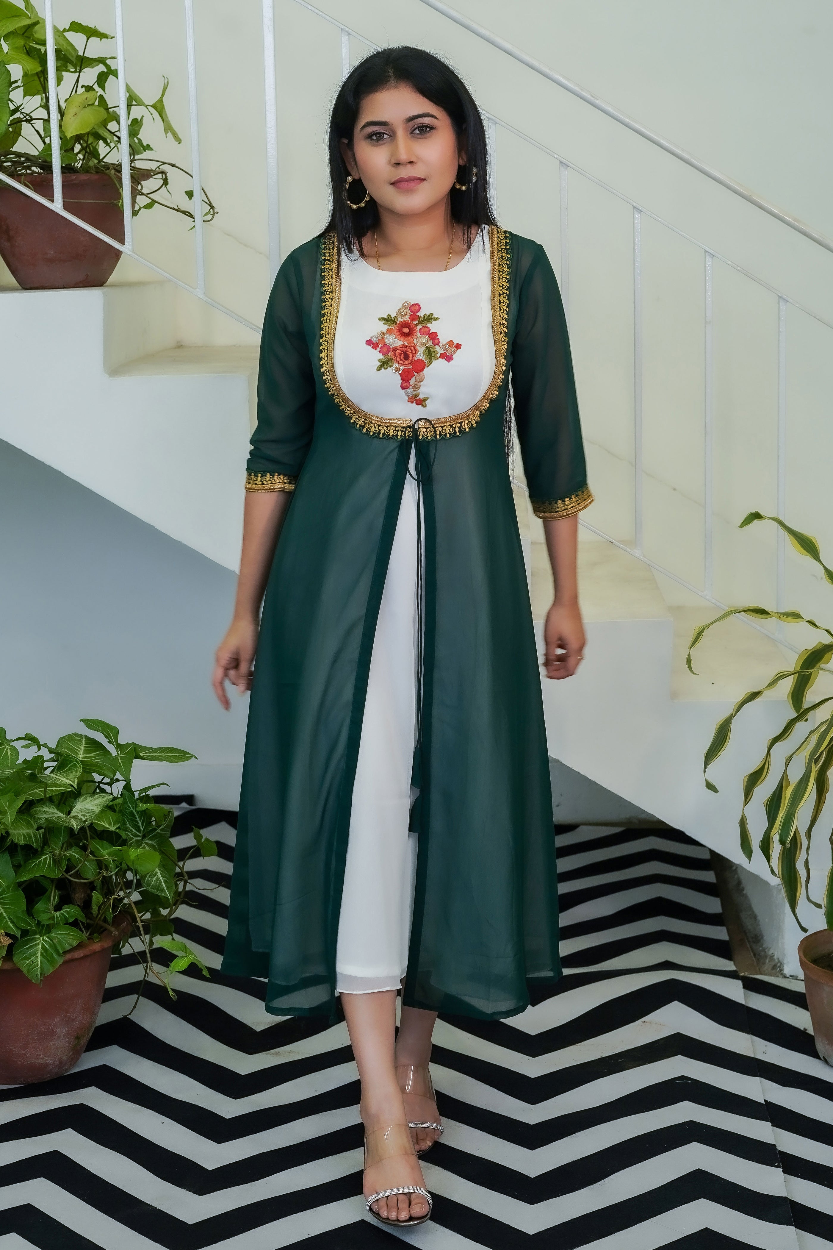 White Flowy Dress with Bottle Green Shrug White Flowy Dress with Bottle Green Shrug