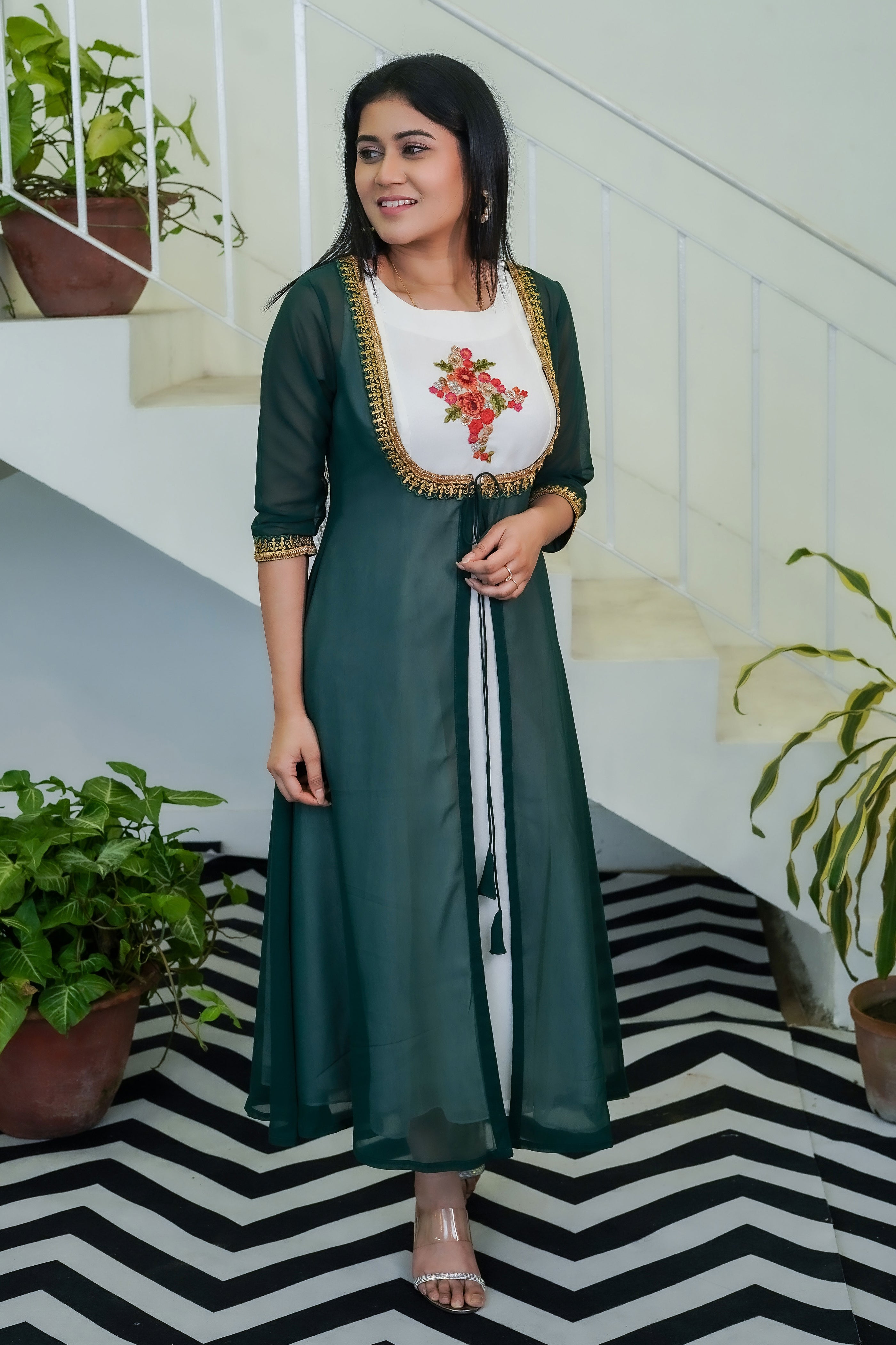 White Flowy Dress with Bottle Green Shrug - Keya Seth Exclusive