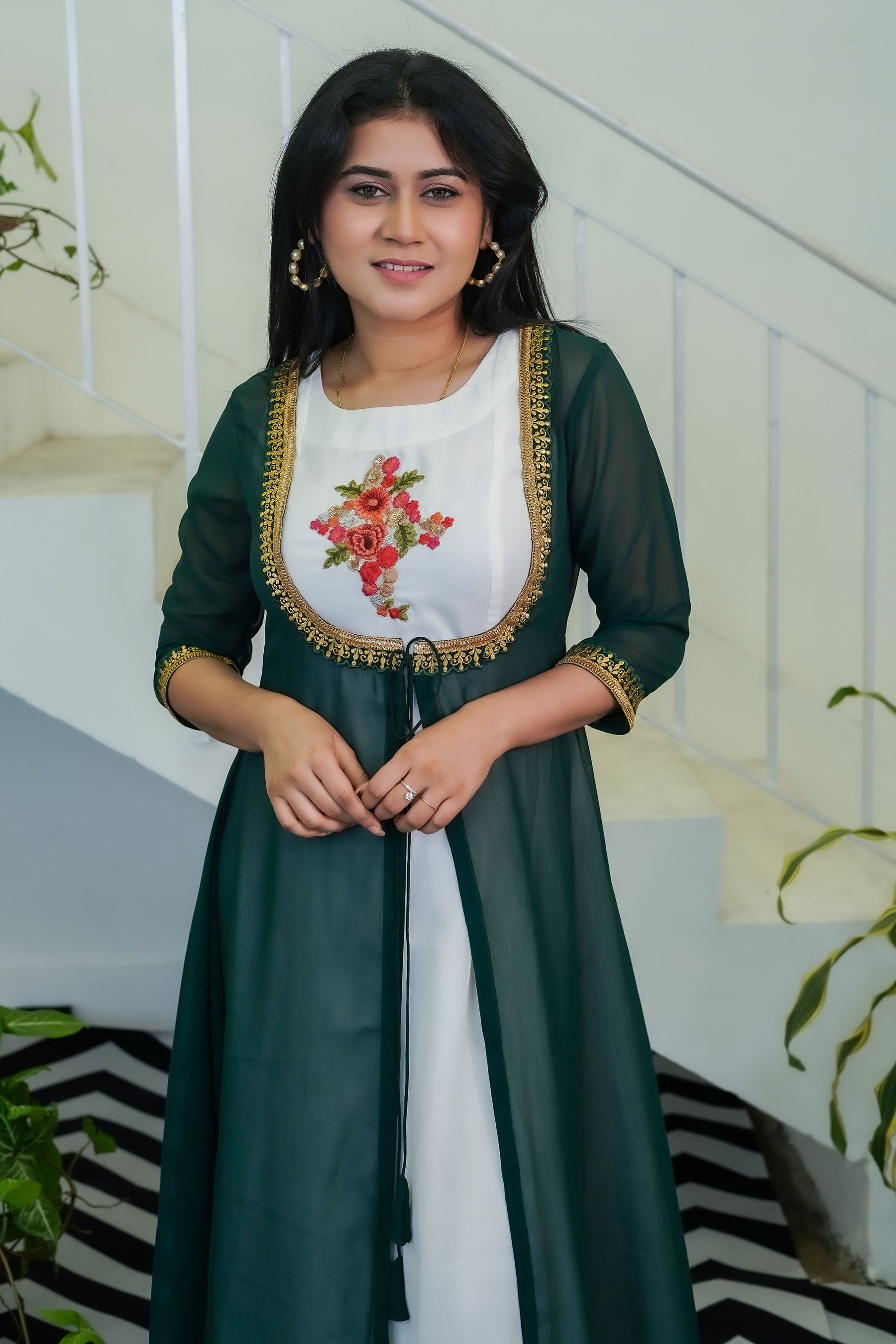 White Flowy Dress with Bottle Green Shrug - Keya Seth Exclusive