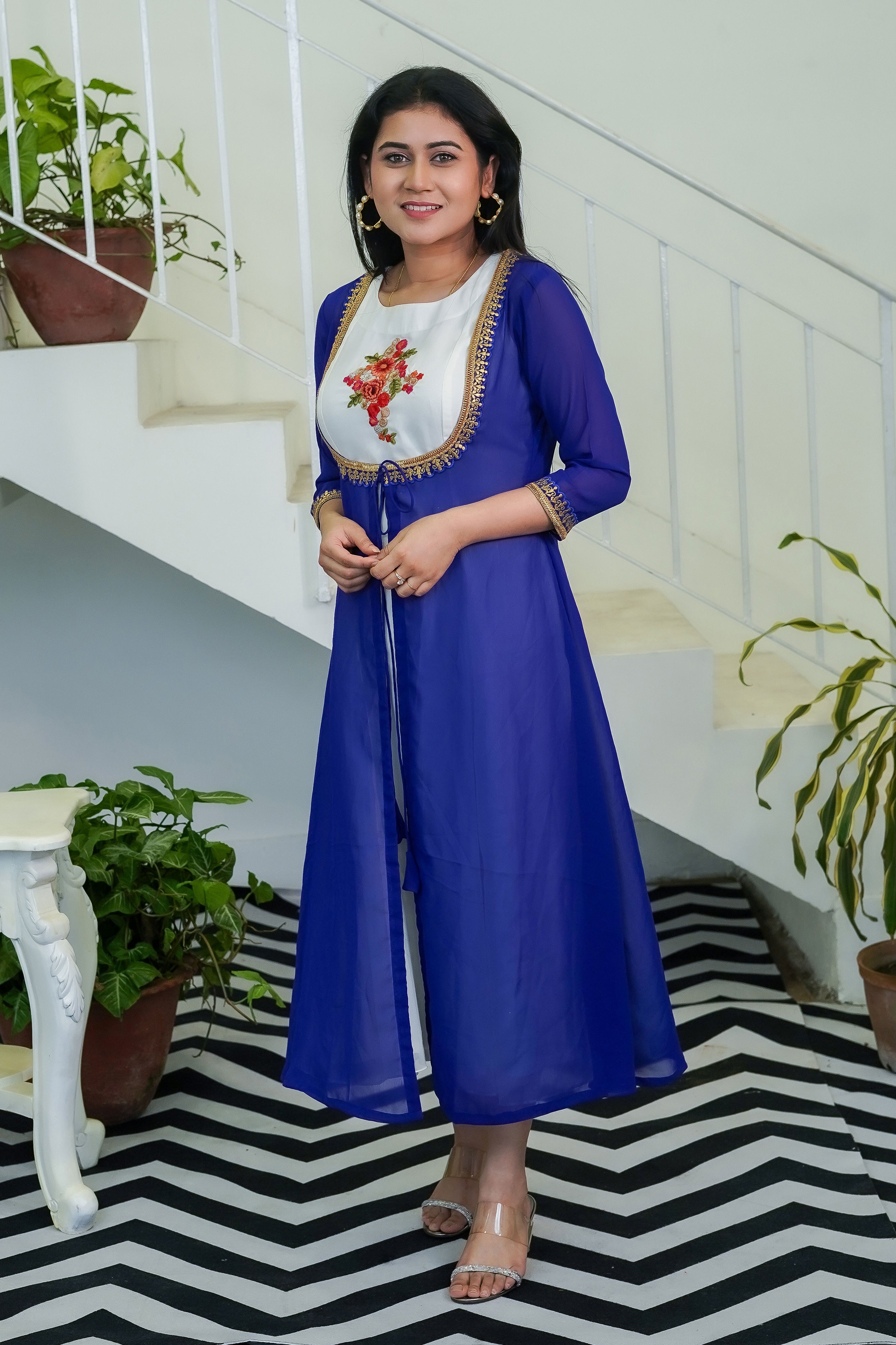 White Graceful Dress with Royal Blue Shrug - Keya Seth Exclusive