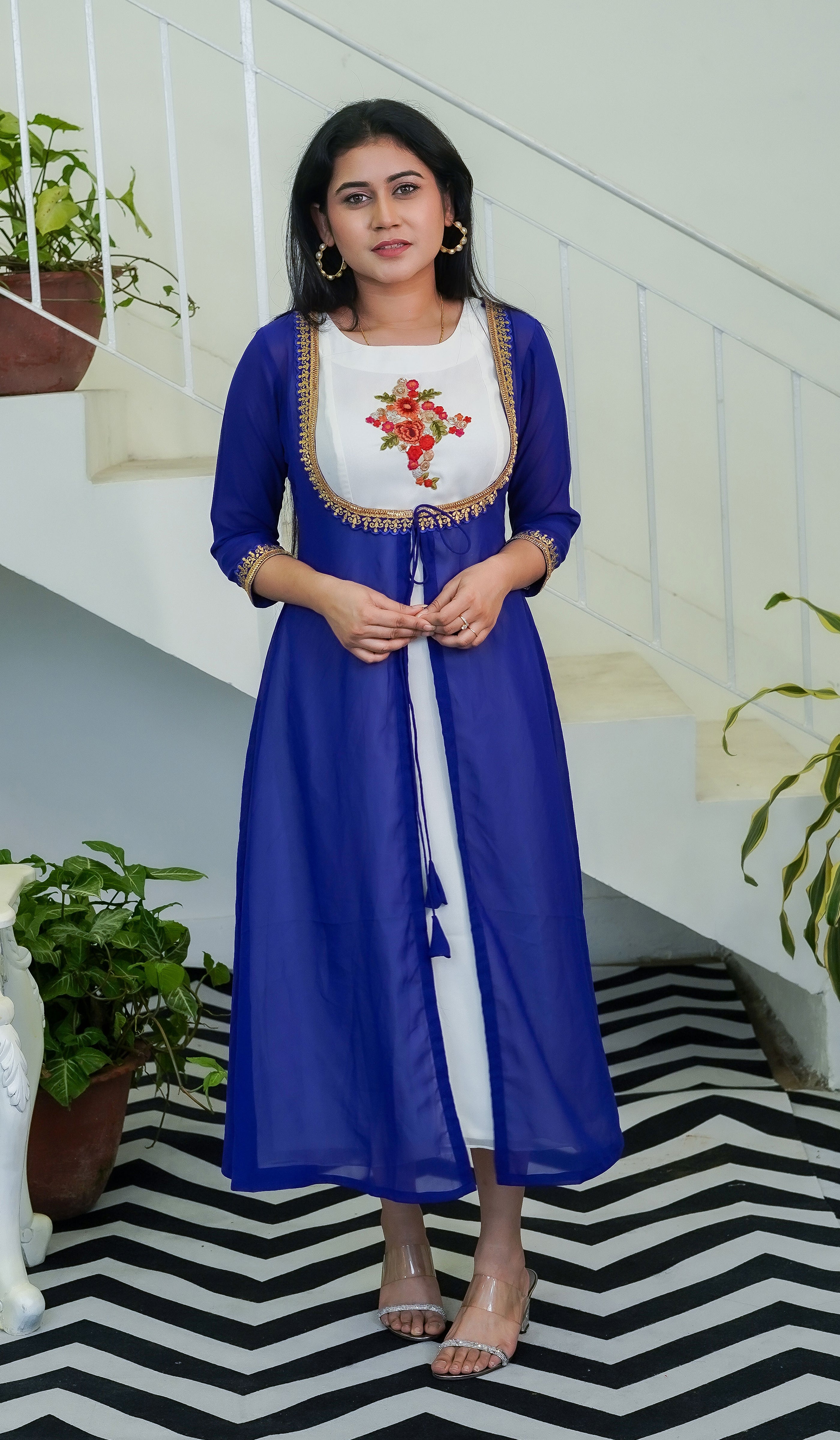 White Graceful Dress with Royal Blue Shrug - Keya Seth Exclusive