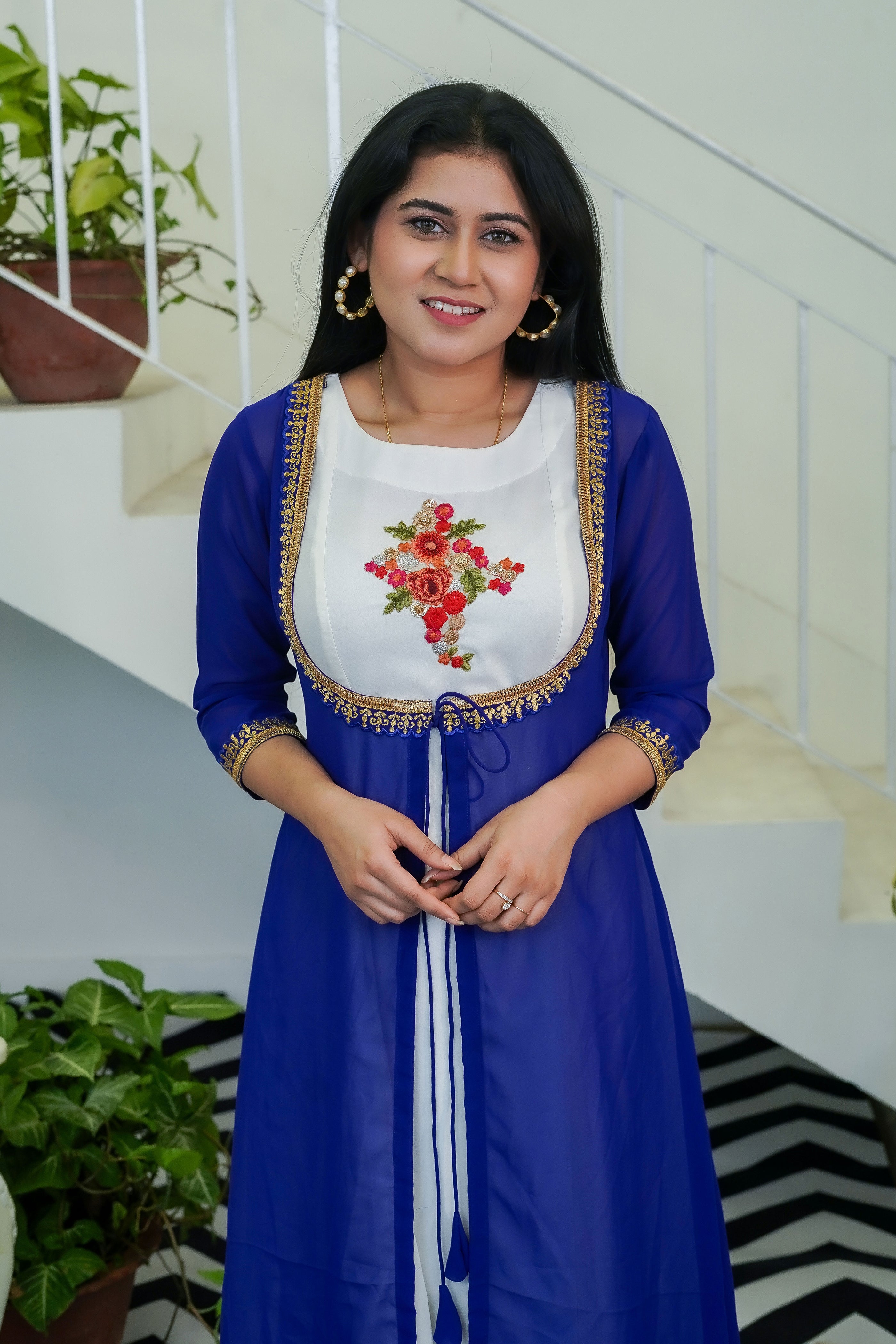 White Graceful Dress with Royal Blue Shrug - Keya Seth Exclusive