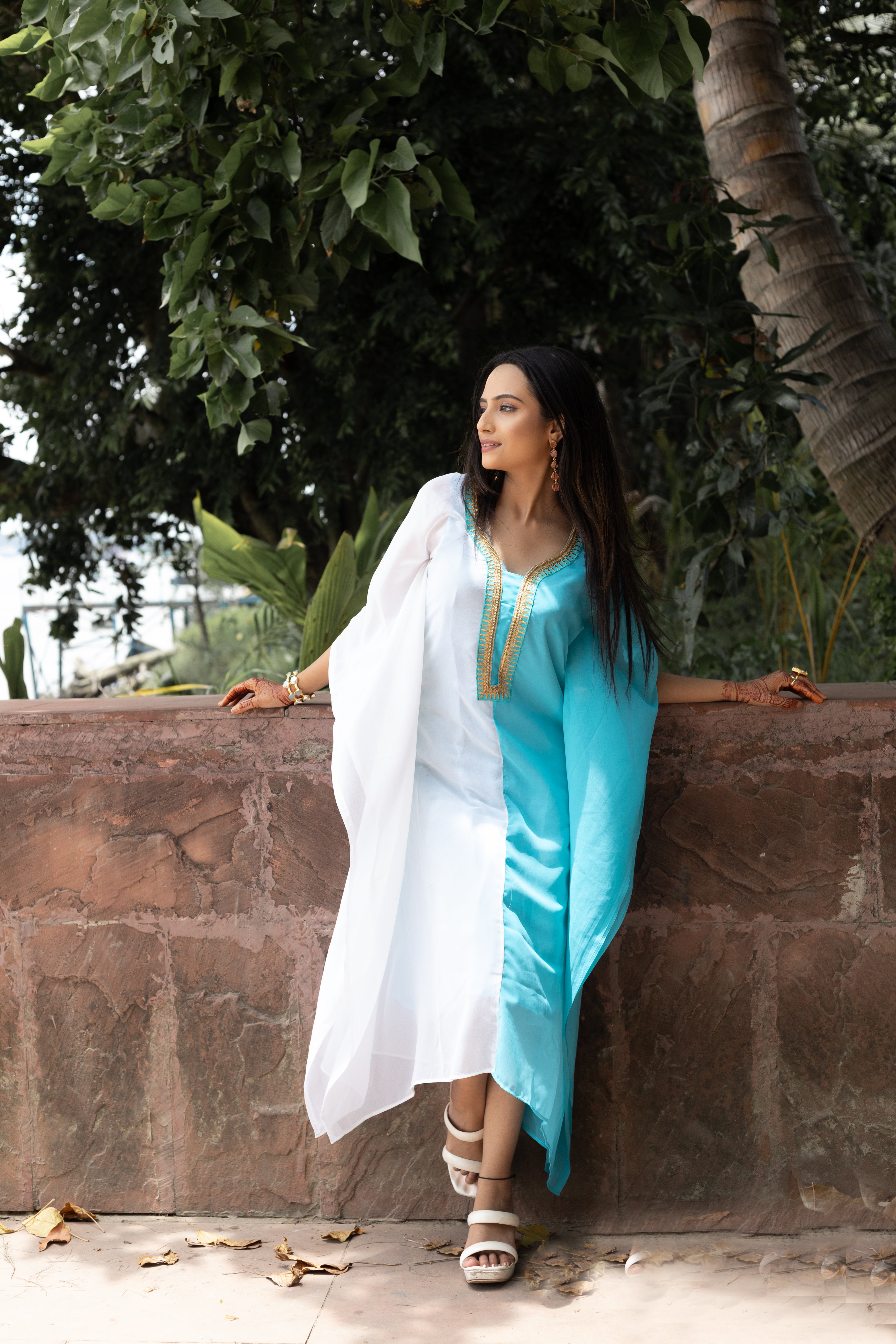 Women's White and Sky Blue Georgette Kaftan - Keya Seth Exclusive
