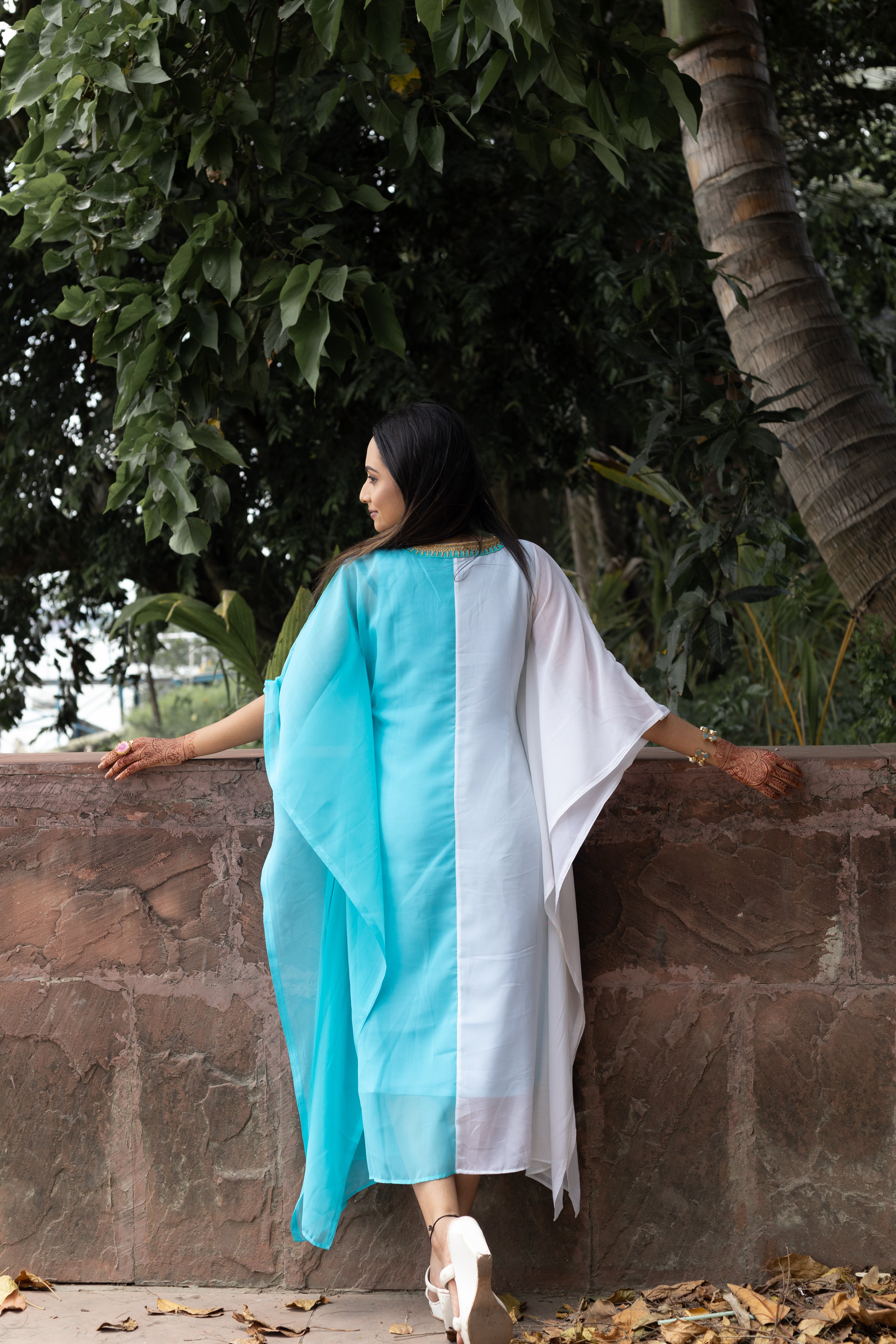 Women's White and Sky Blue Georgette Kaftan - Keya Seth Exclusive