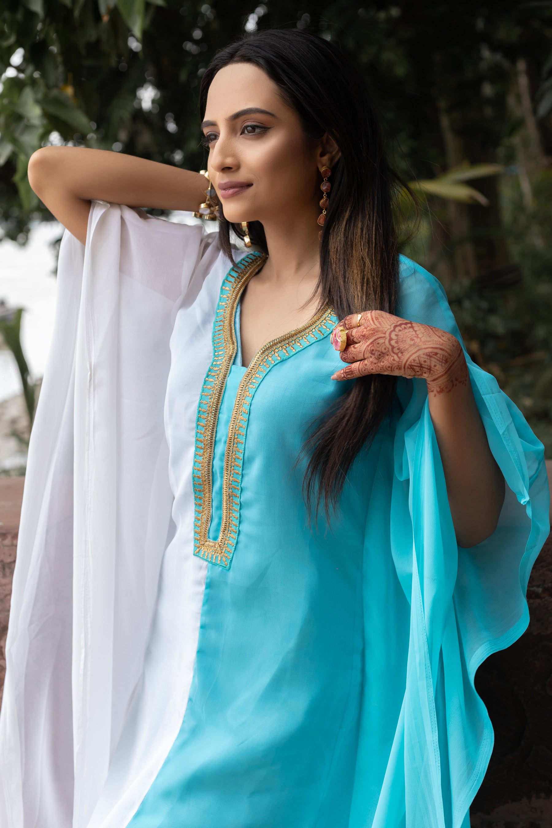 Women's White and Sky Blue Georgette Kaftan - Keya Seth Exclusive
