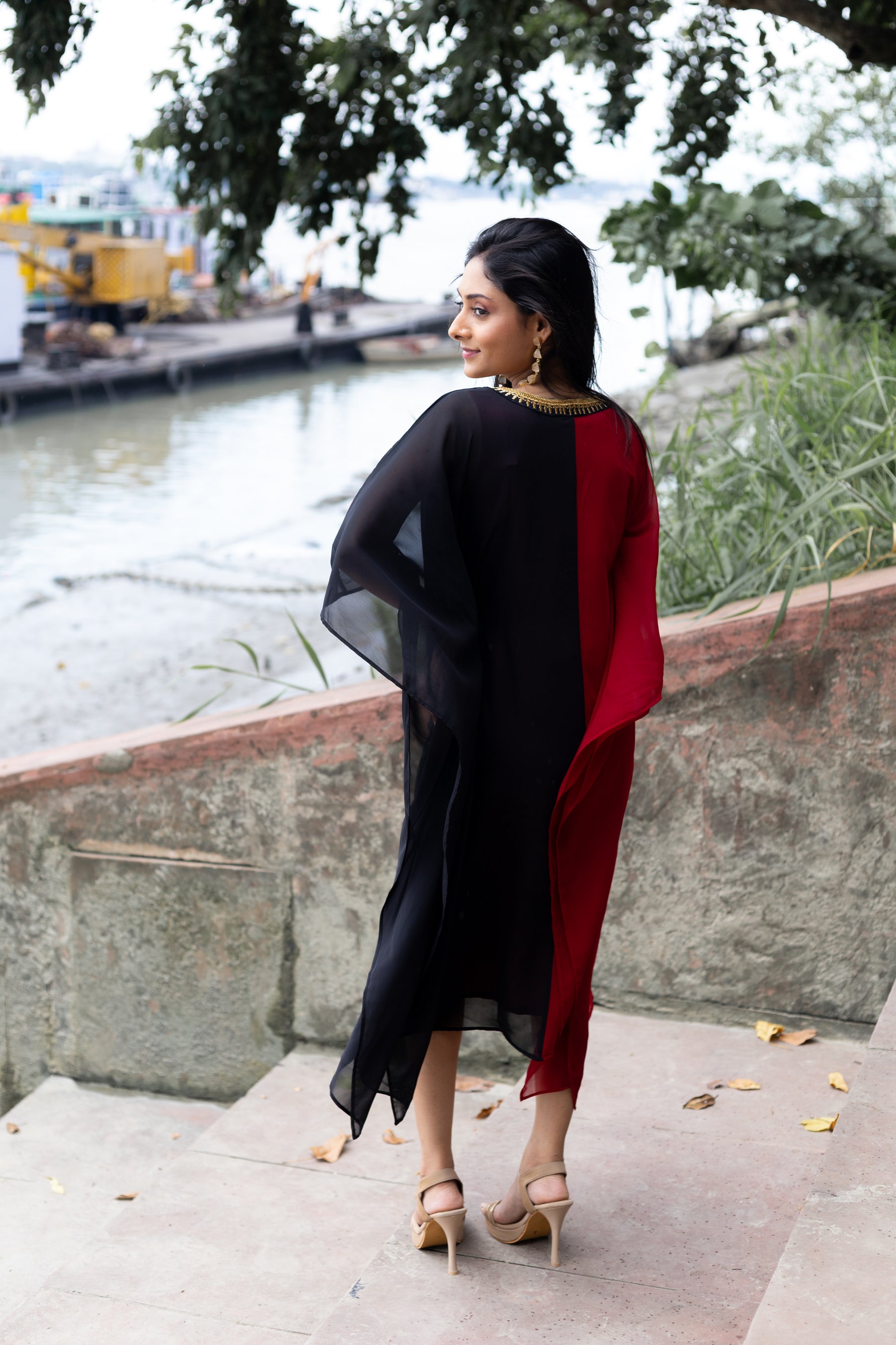 Women's Maroon and Black Georgette Kaftan - Keya Seth Exclusive