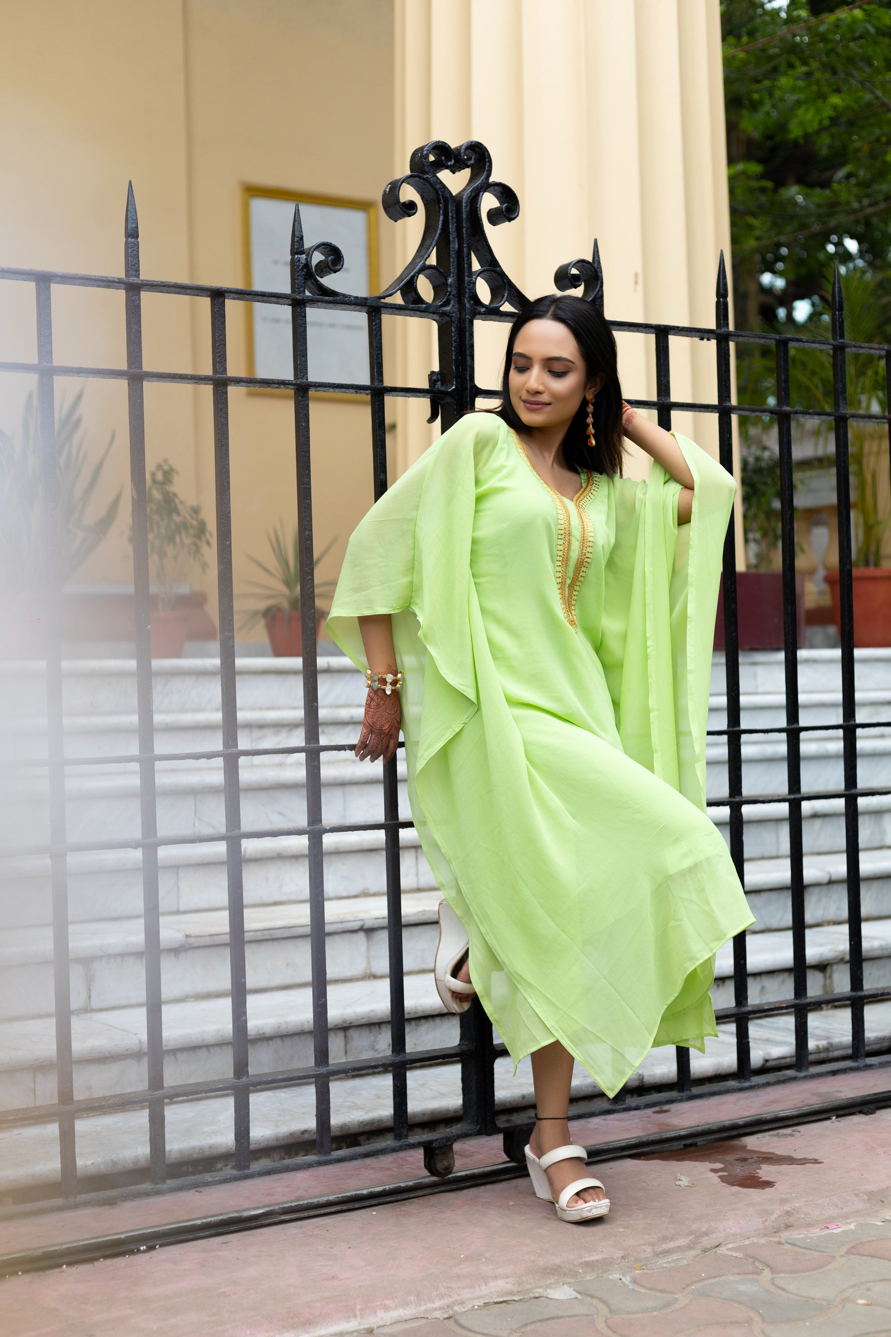 Women's Light Green Georgette Kaftan - Keya Seth Exclusive
