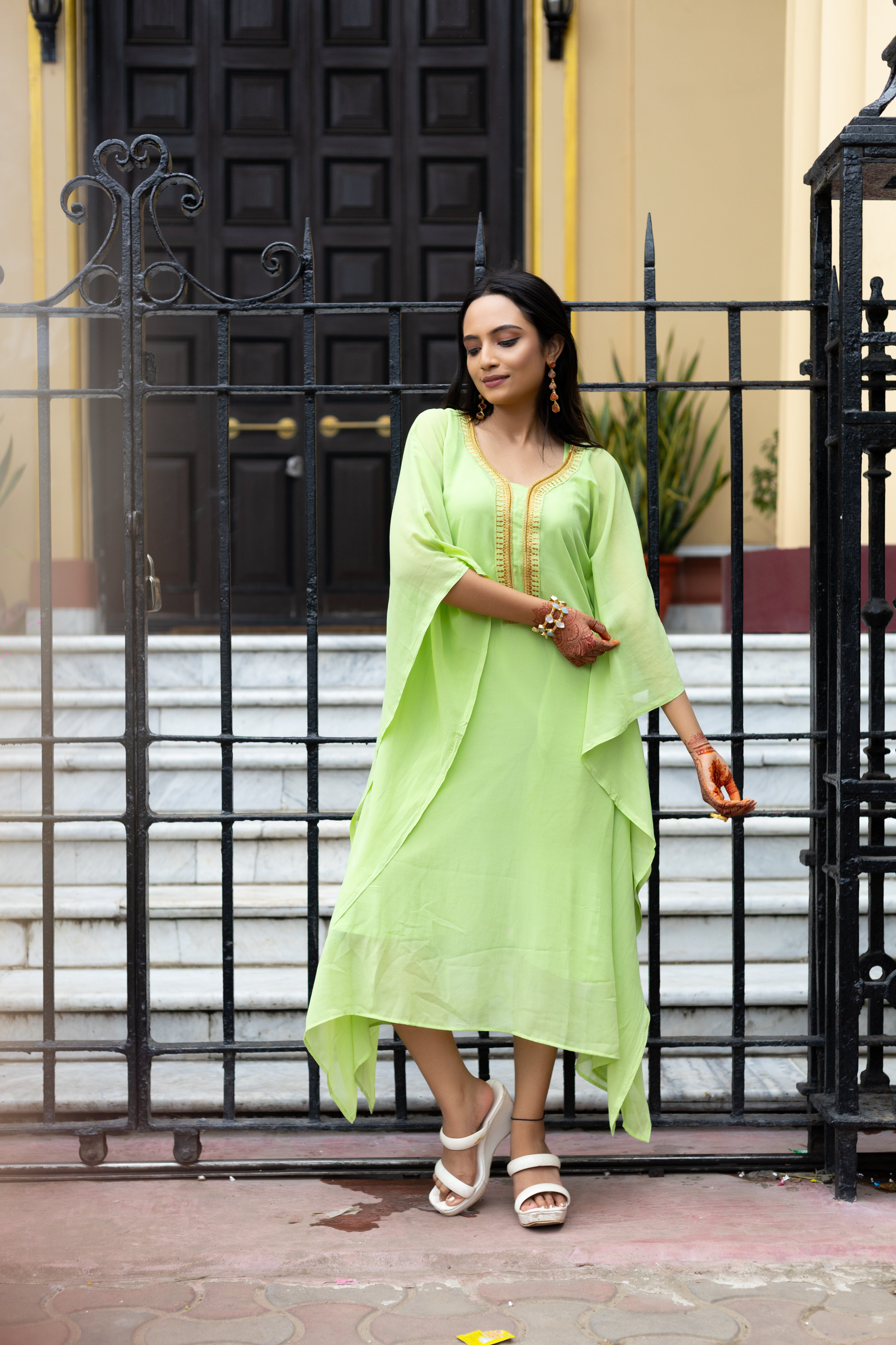 Women's Light Green Georgette Kaftan - Keya Seth Exclusive