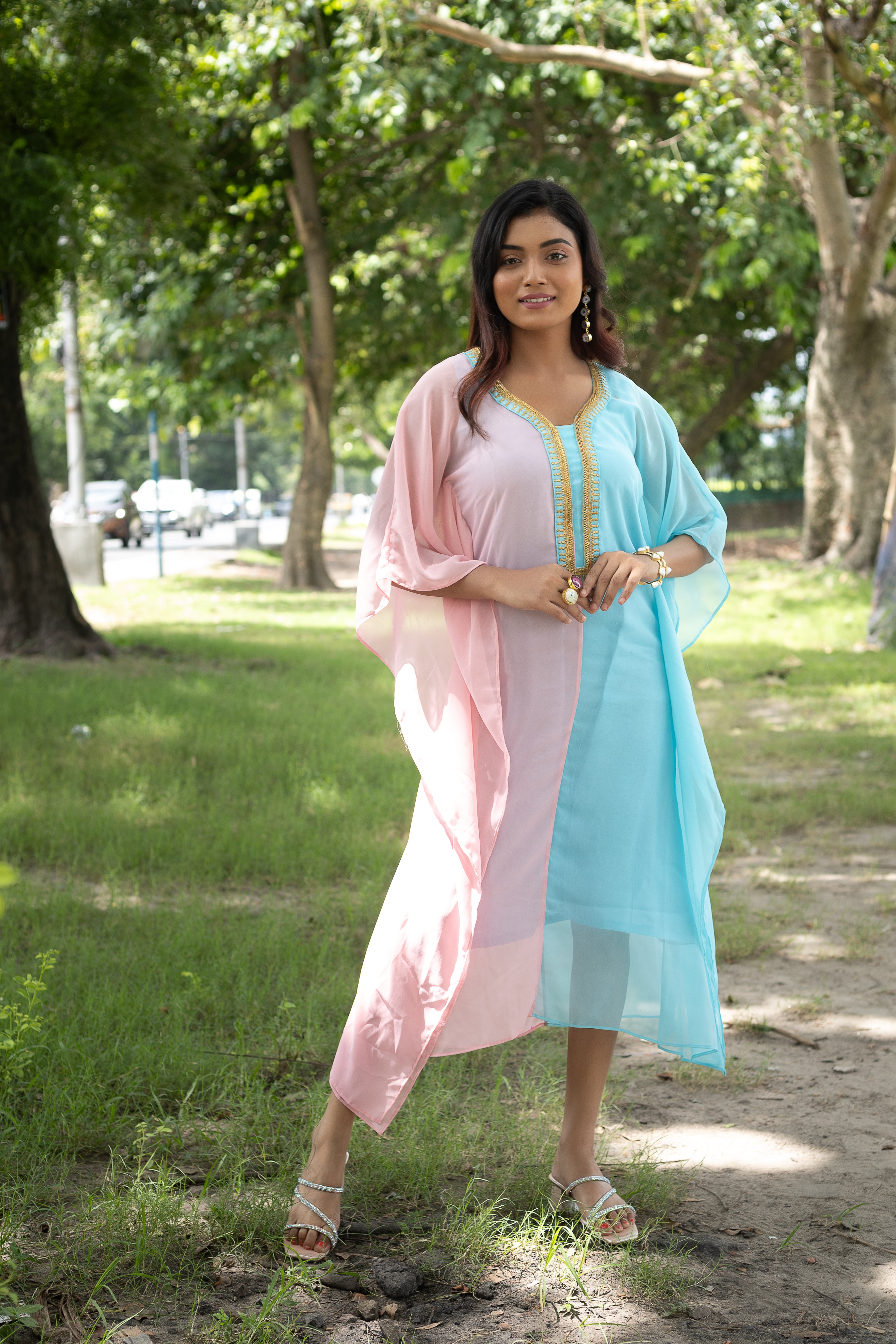 Women's Pink and Sky Blue Georgette Kaftan - Keya Seth Exclusive