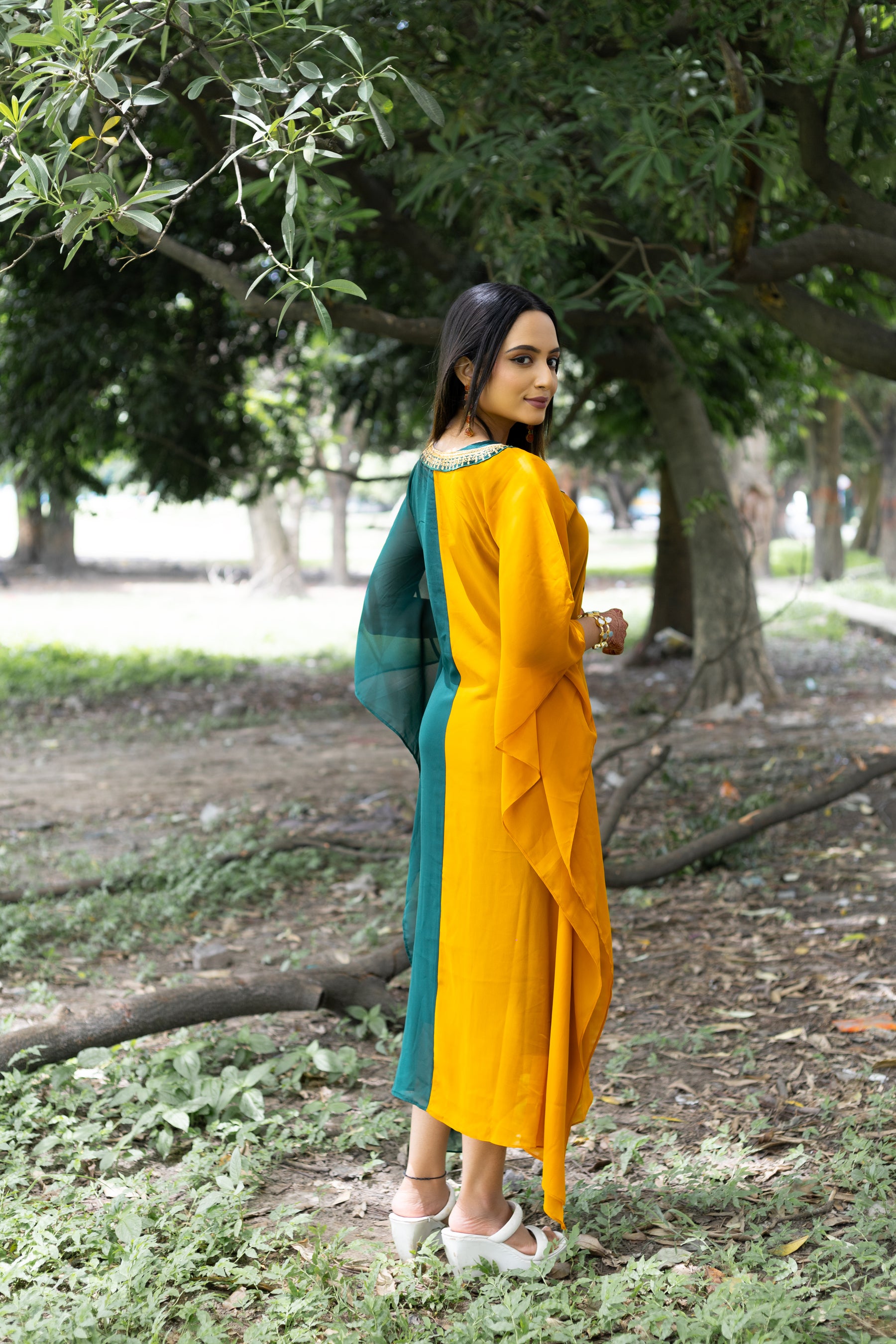 Women's Mustard and Bottle Green Georgette Kaftan - Keya Seth Exclusive
