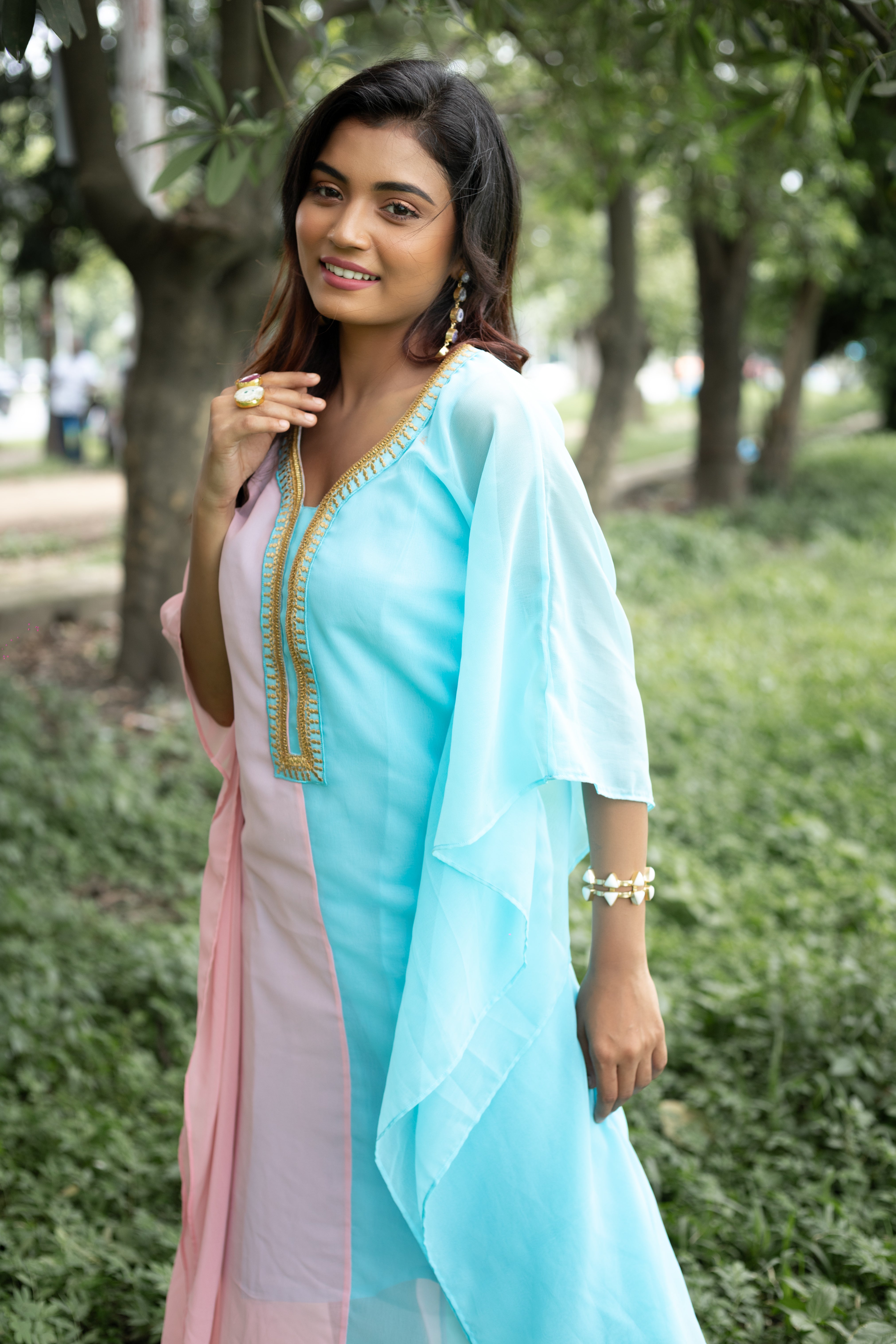 Women's Pink and Sky Blue Georgette Kaftan - Keya Seth Exclusive