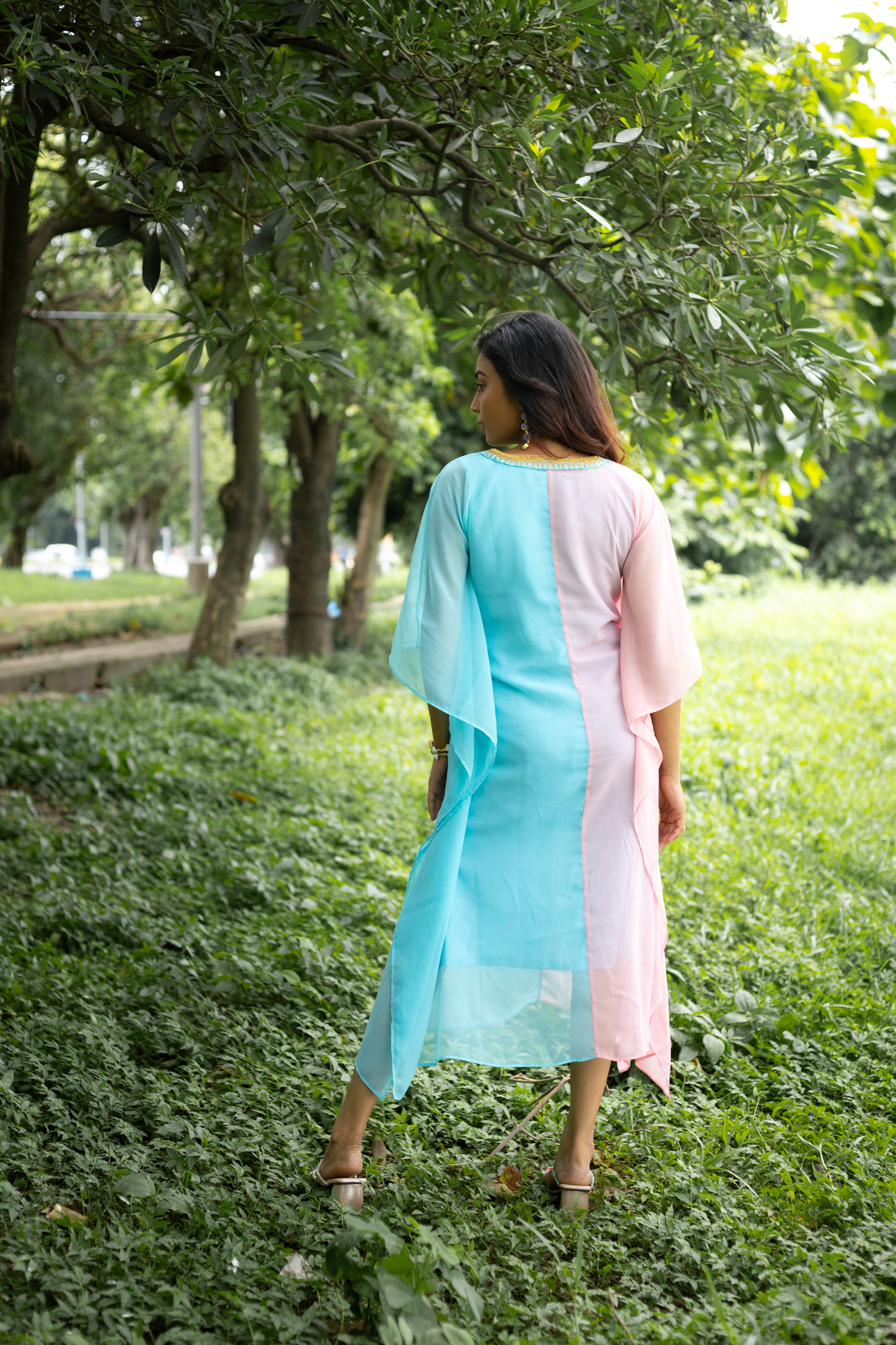 Women's Pink and Sky Blue Georgette Kaftan - Keya Seth Exclusive