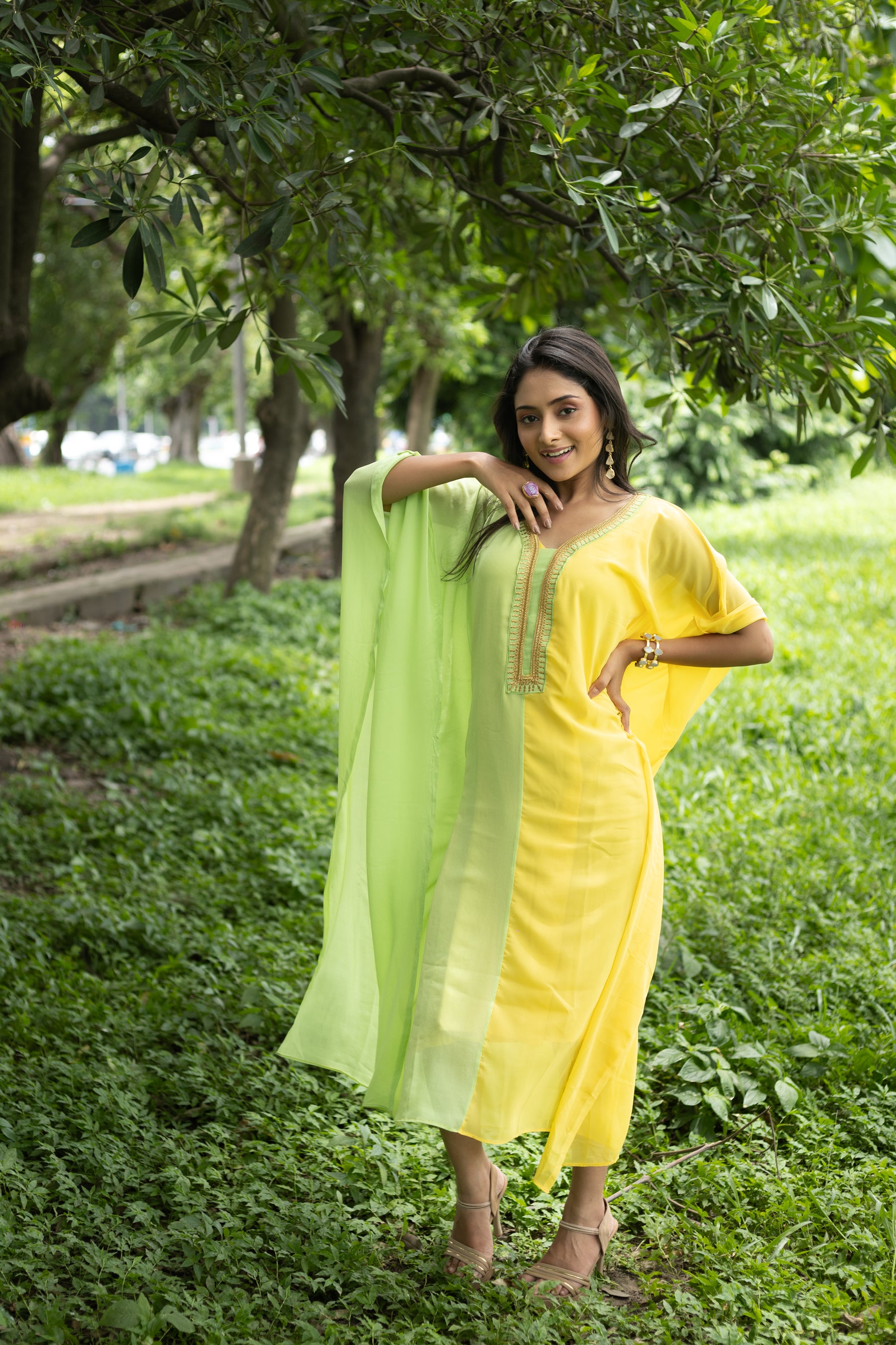 Women's Lemon Yellow and Light Green Georgette Kaftan - Keya Seth Exclusive