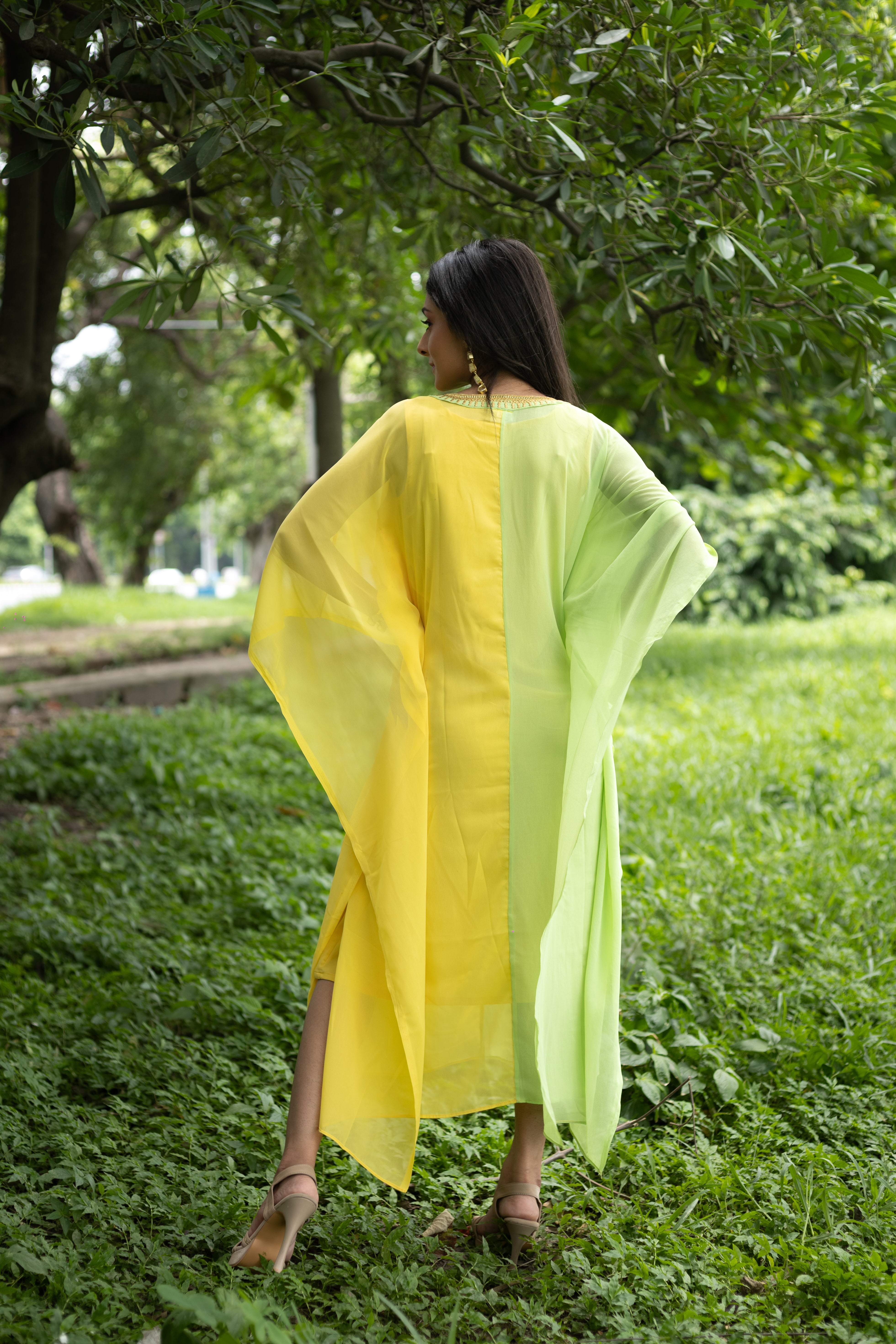 Women's Lemon Yellow and Light Green Georgette Kaftan - Keya Seth Exclusive