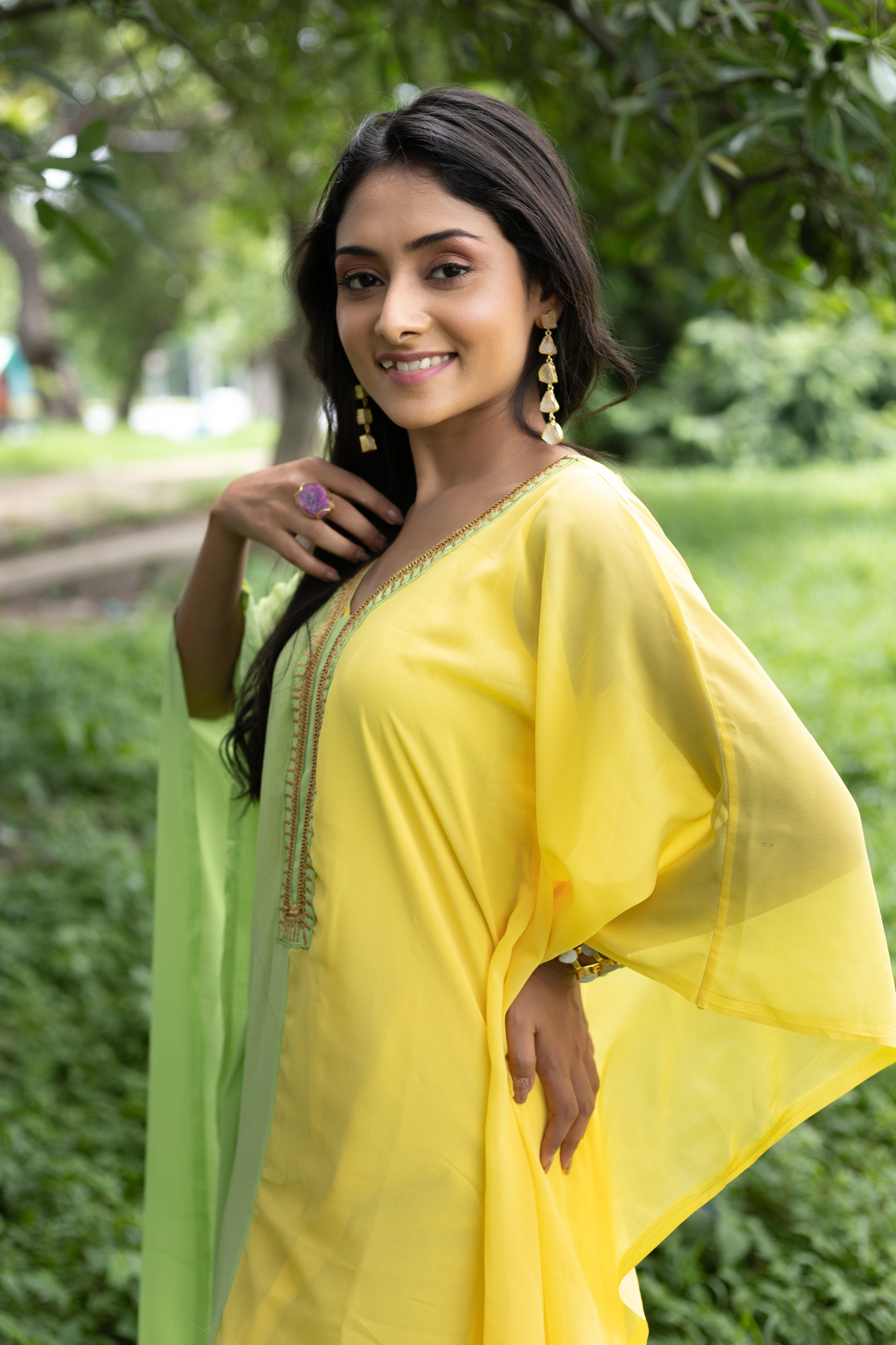 Women's Lemon Yellow and Light Green Georgette Kaftan - Keya Seth Exclusive