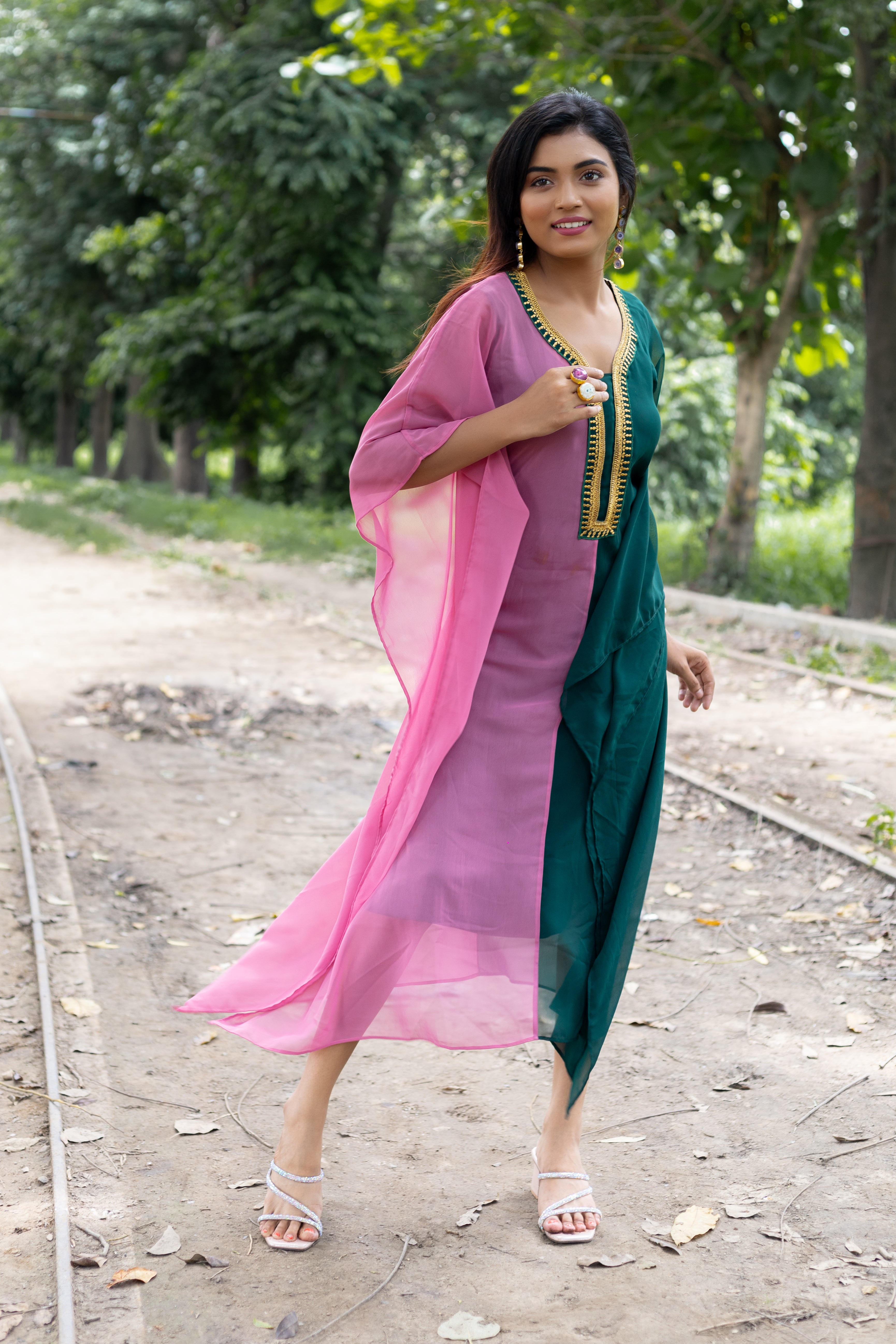 Women's Rose Pink and Bottle Green Georgette Kaftan - Keya Seth Exclusive