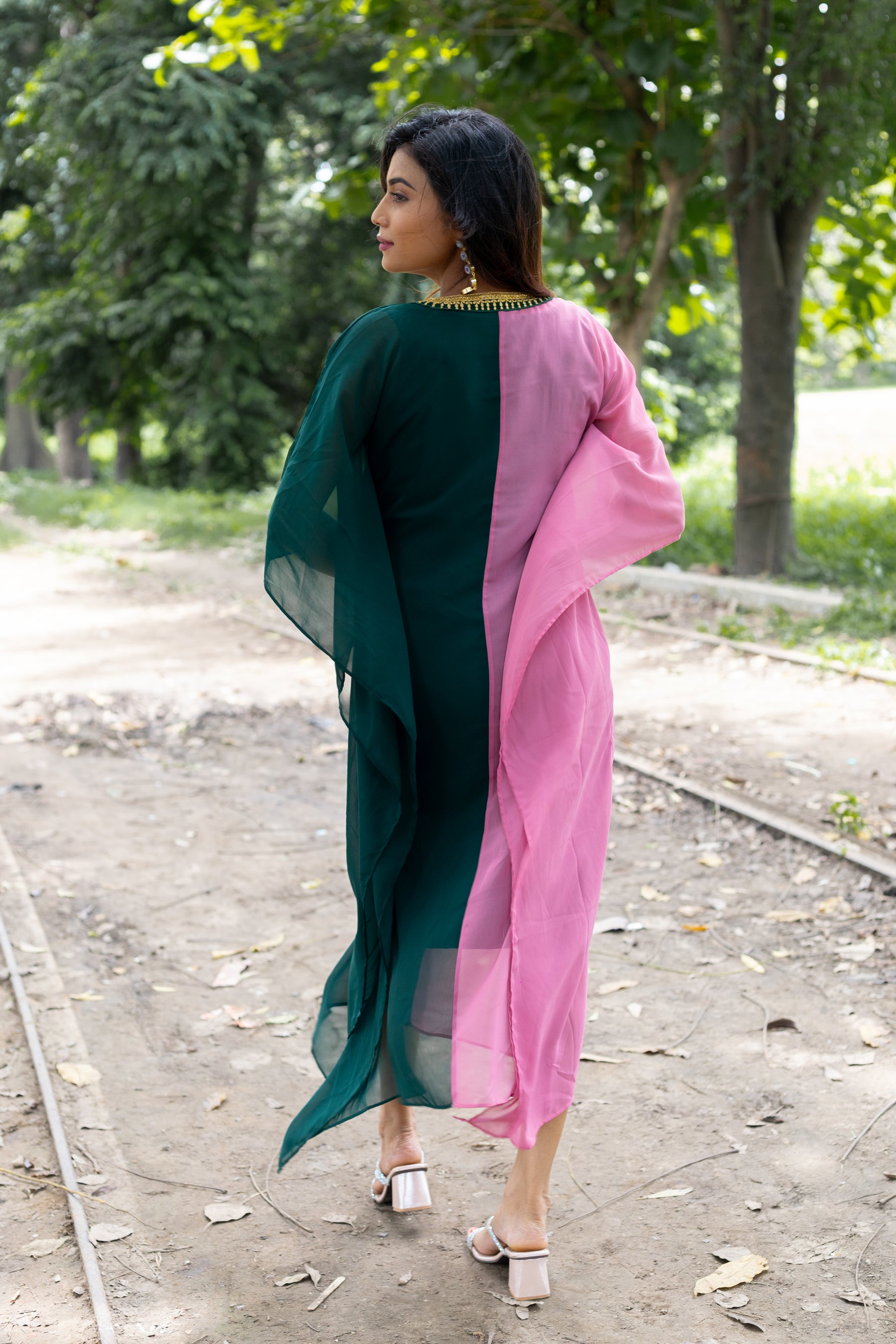 Women's Rose Pink and Bottle Green Georgette Kaftan - Keya Seth Exclusive