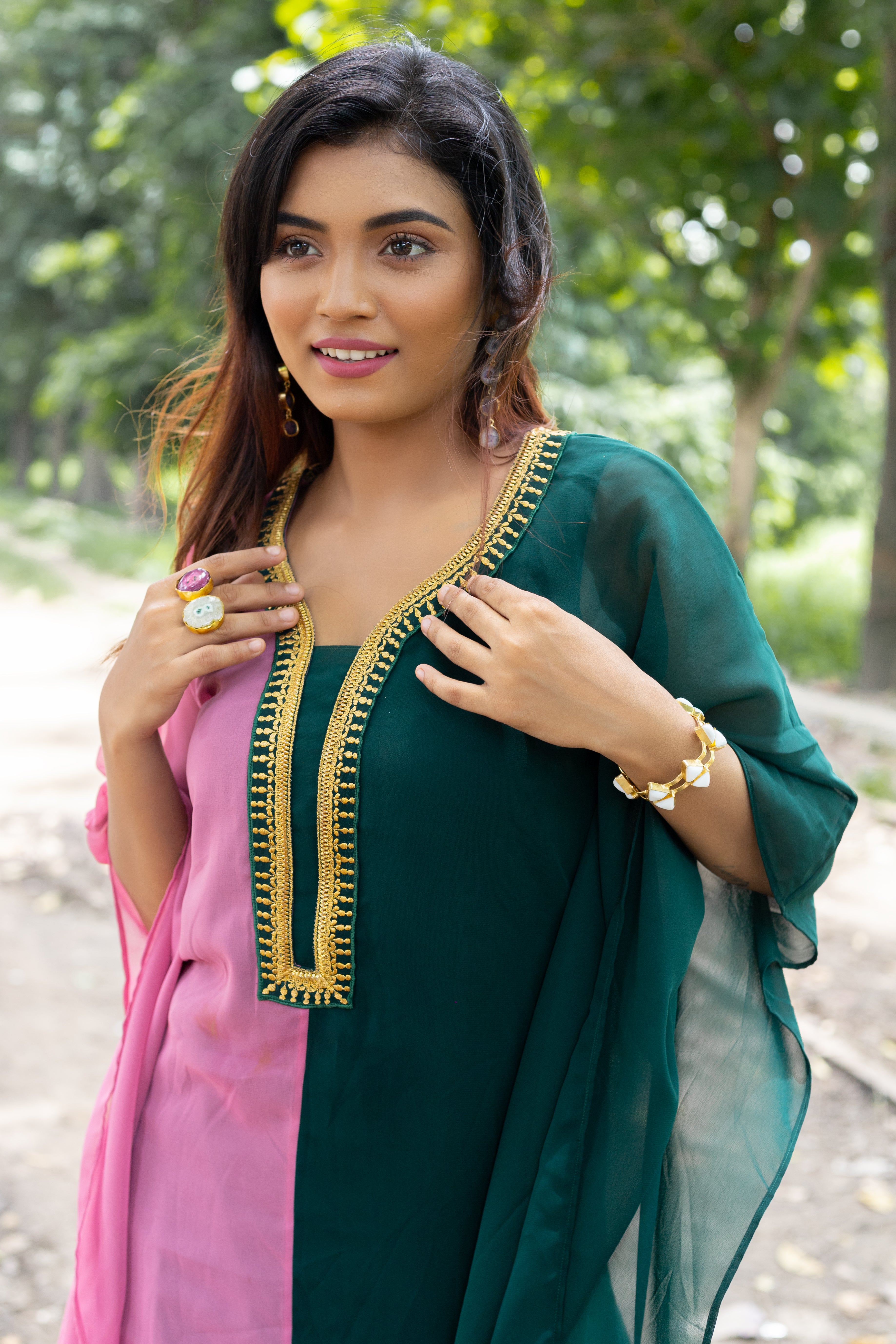 Women's Rose Pink and Bottle Green Georgette Kaftan - Keya Seth Exclusive