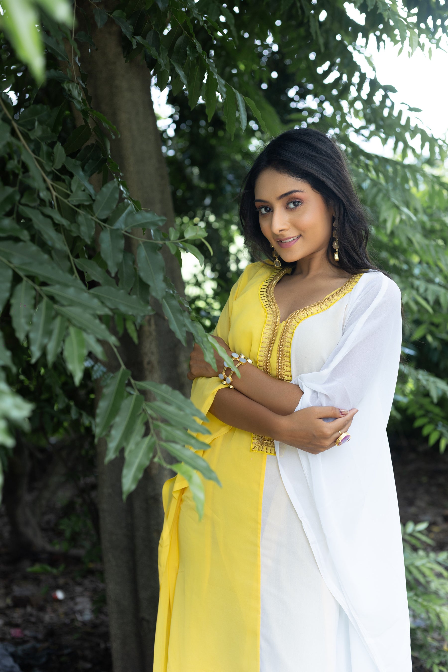 Women's White and Yellow Georgette Kaftan - Keya Seth Exclusive