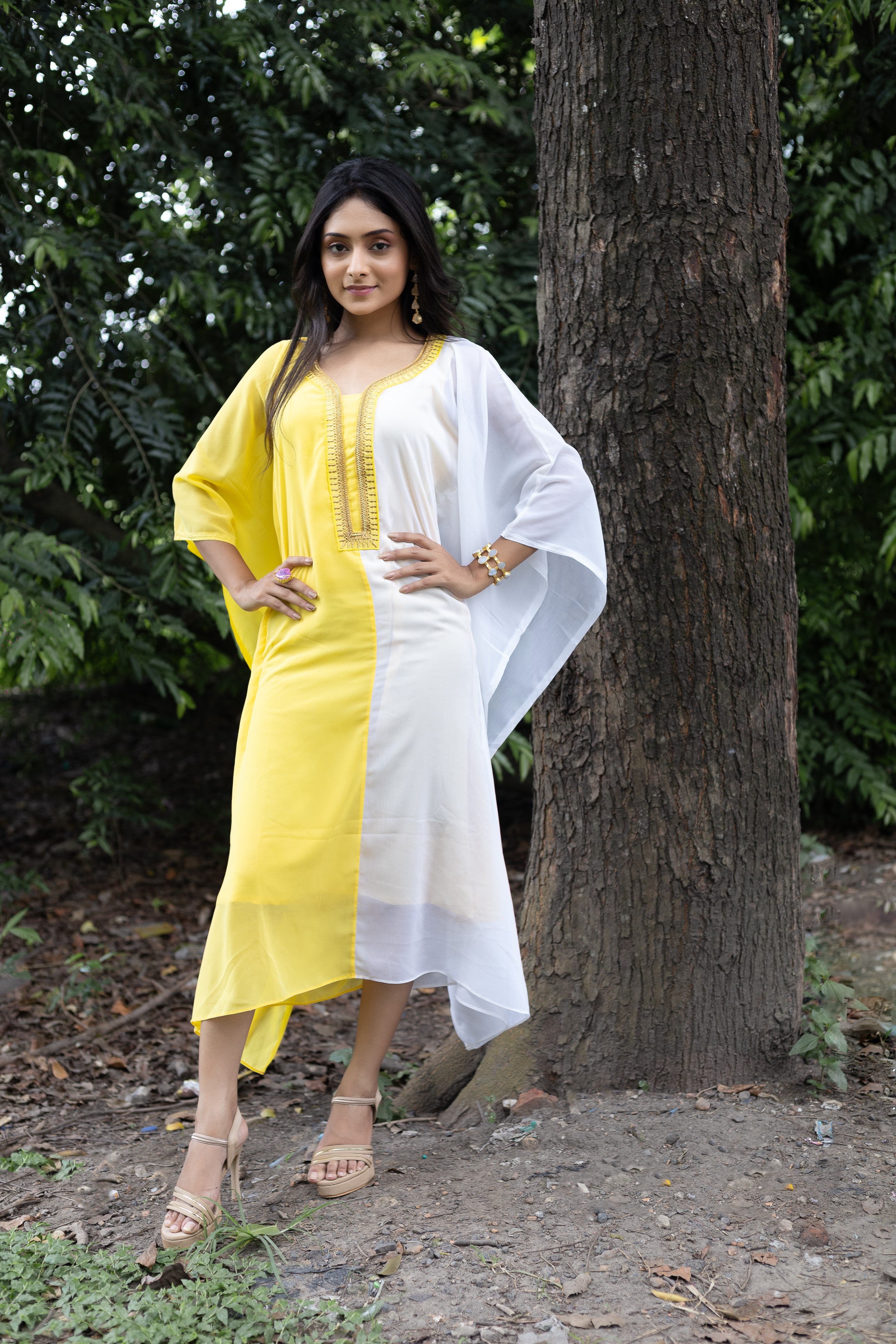 Women's White and Yellow Georgette Kaftan - Keya Seth Exclusive