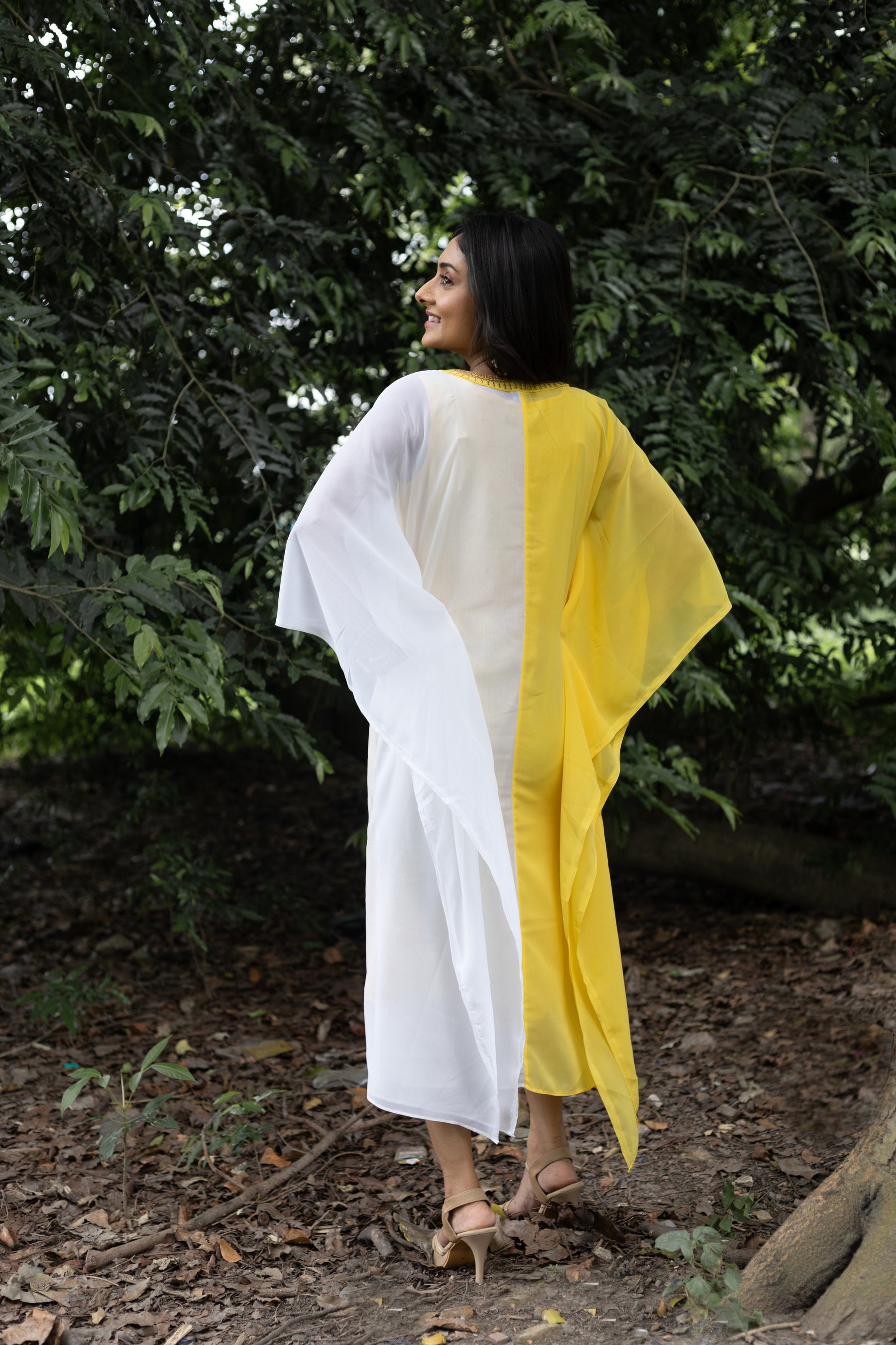 Women's White and Yellow Georgette Kaftan - Keya Seth Exclusive