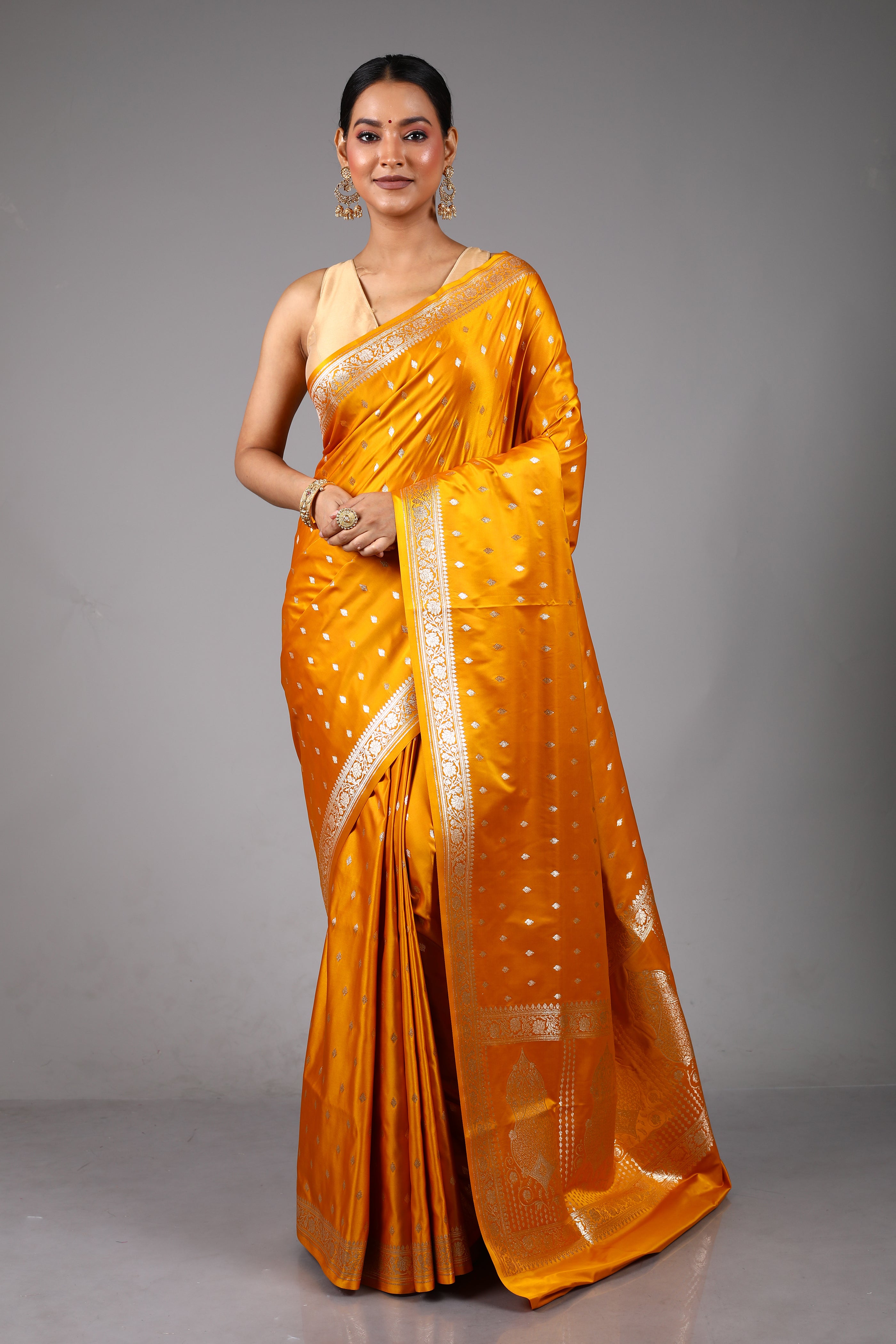 Yellow Blended Satin Silk Saree