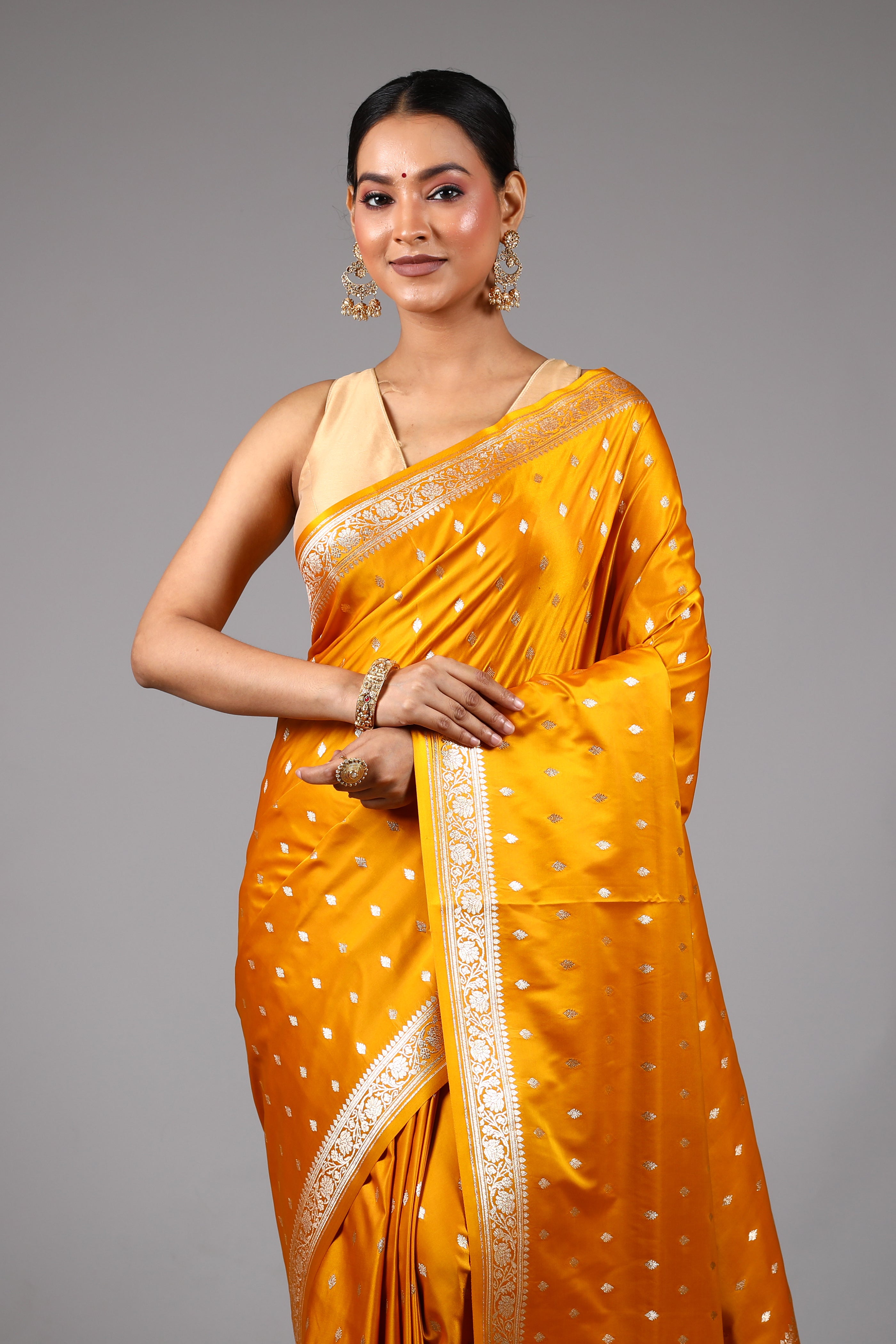 Yellow Blended Satin Silk Saree