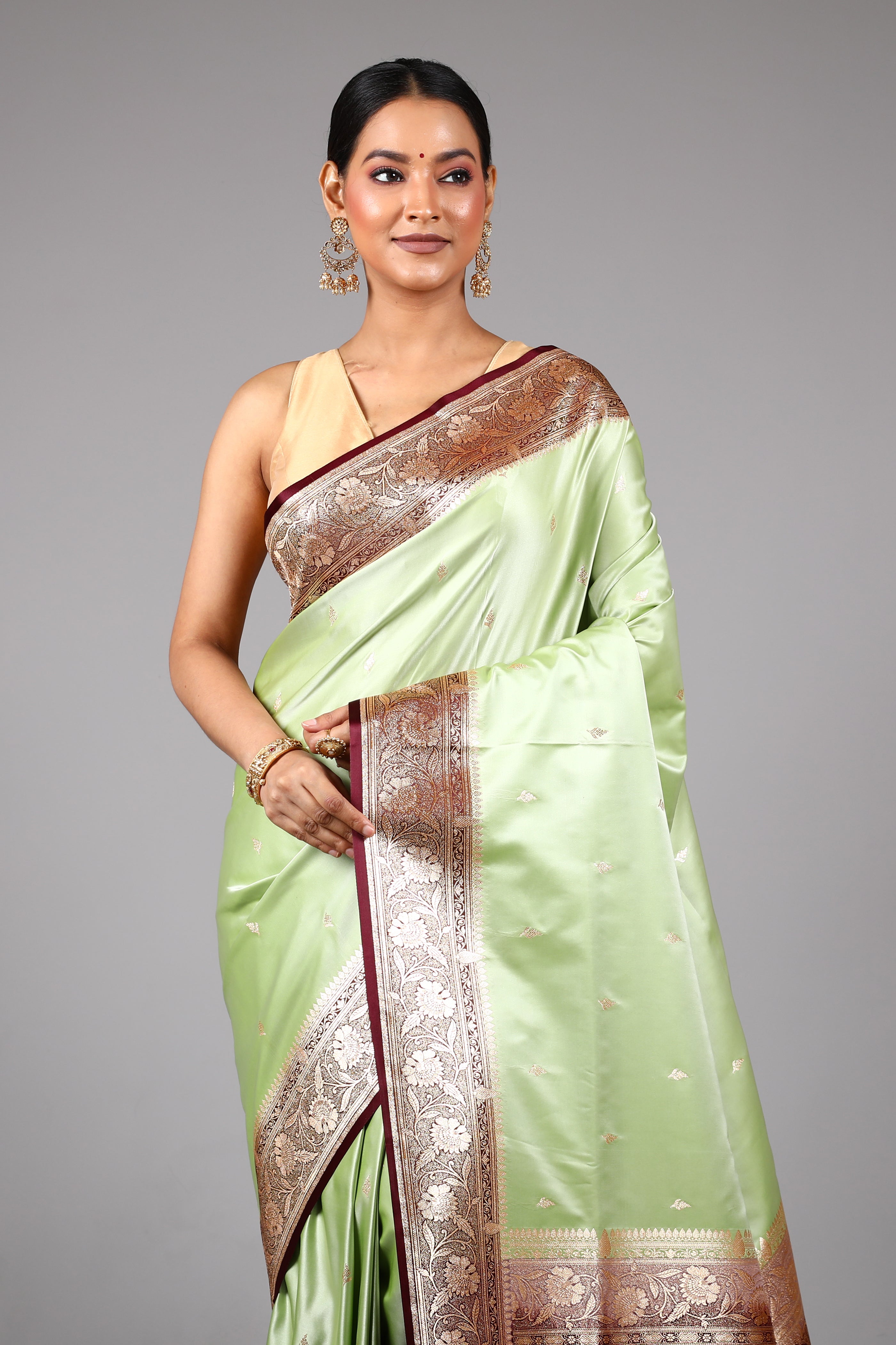 Pesta Green Satin Silk Saree
