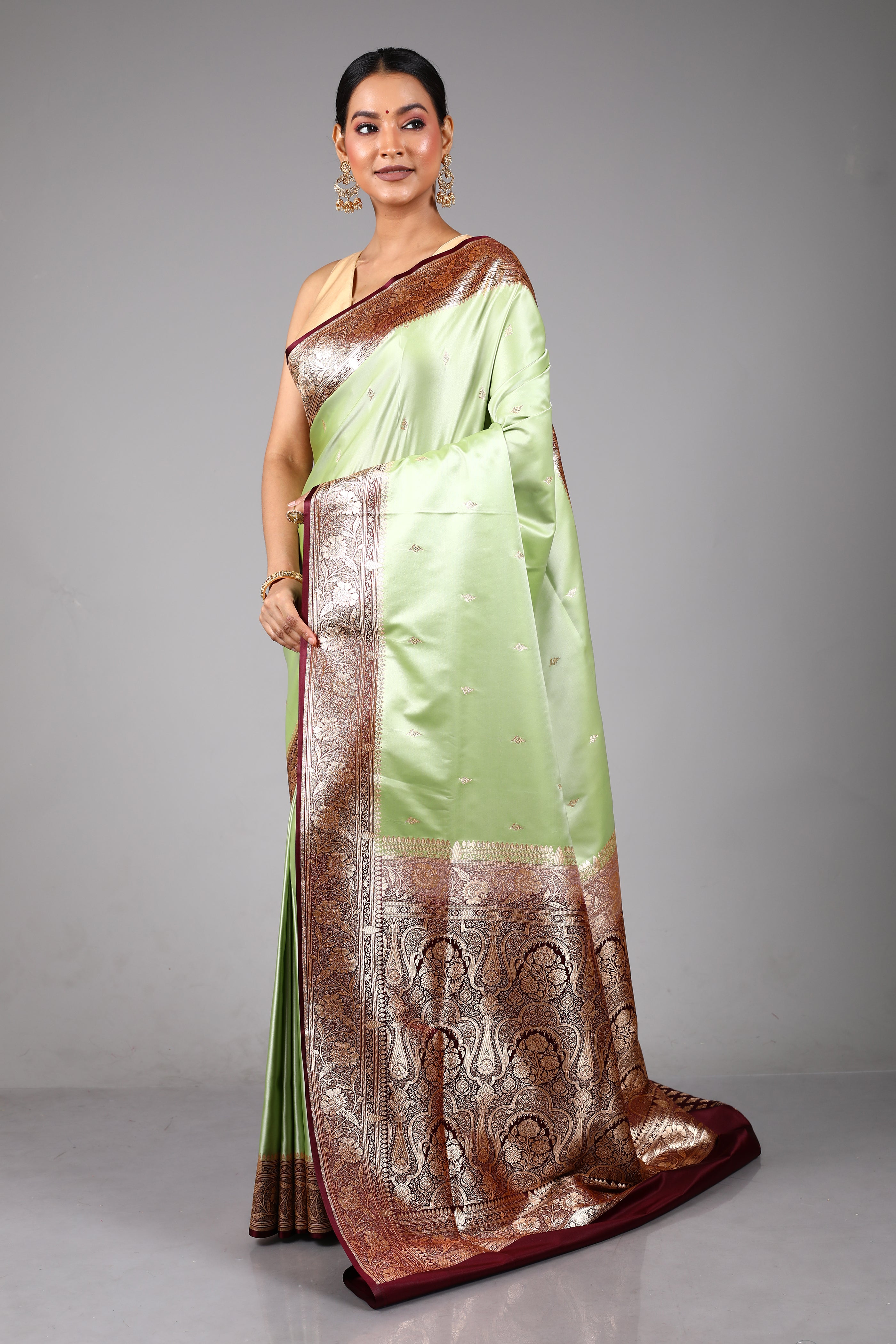 Pesta Green Satin Silk Saree