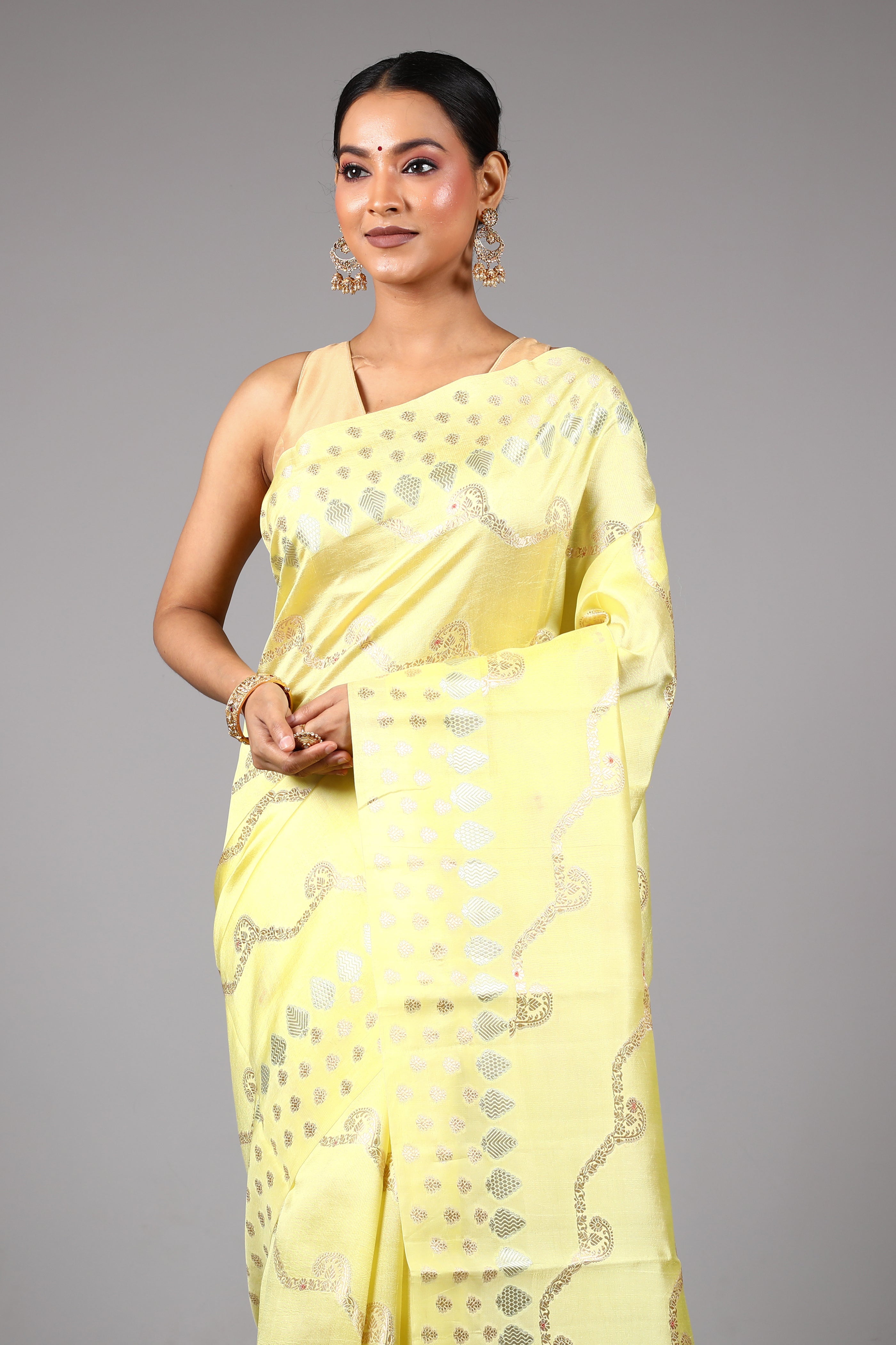Lemon Yellow Pure Tissue Saree