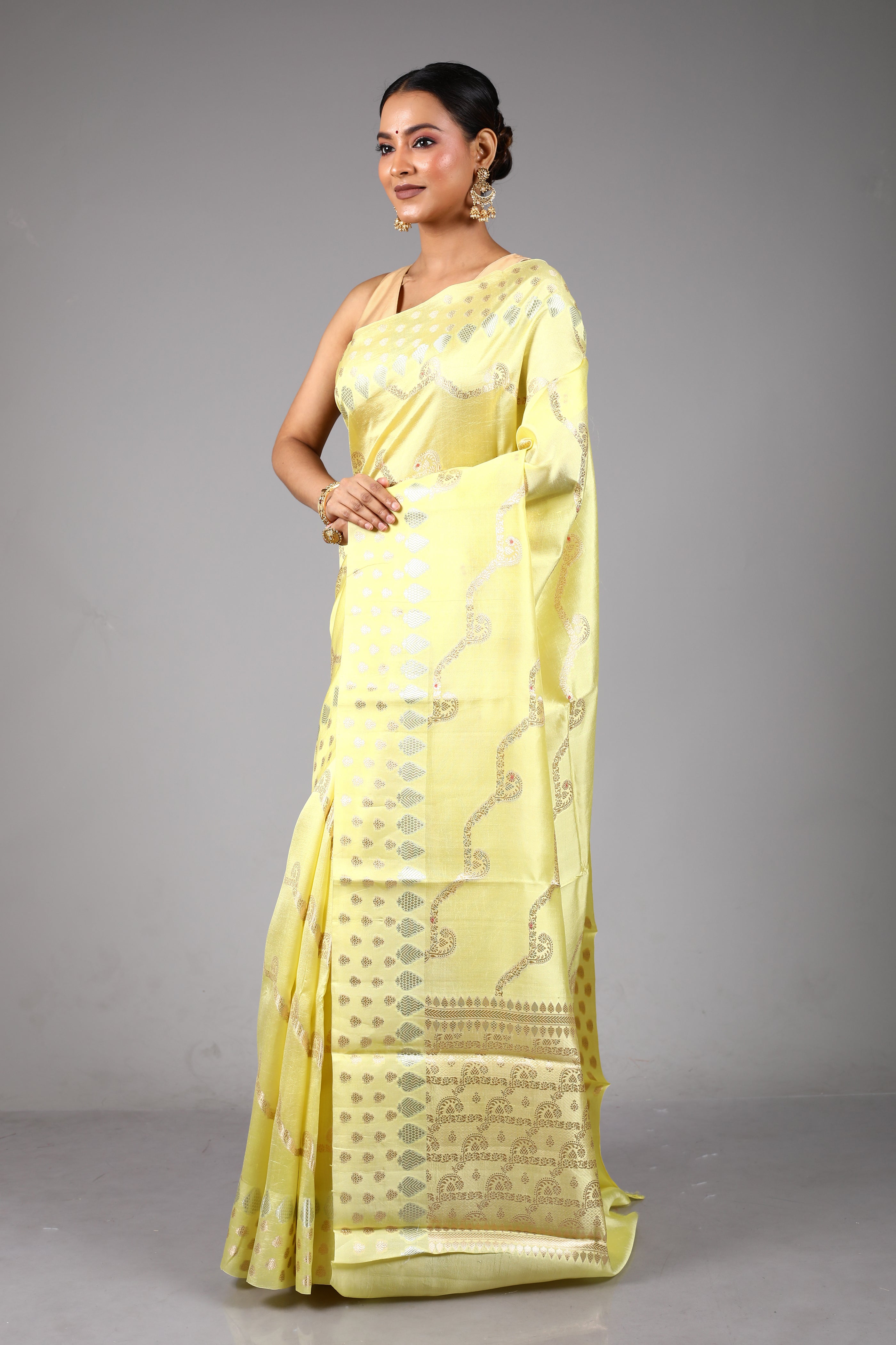Lemon Yellow Pure Tissue Saree