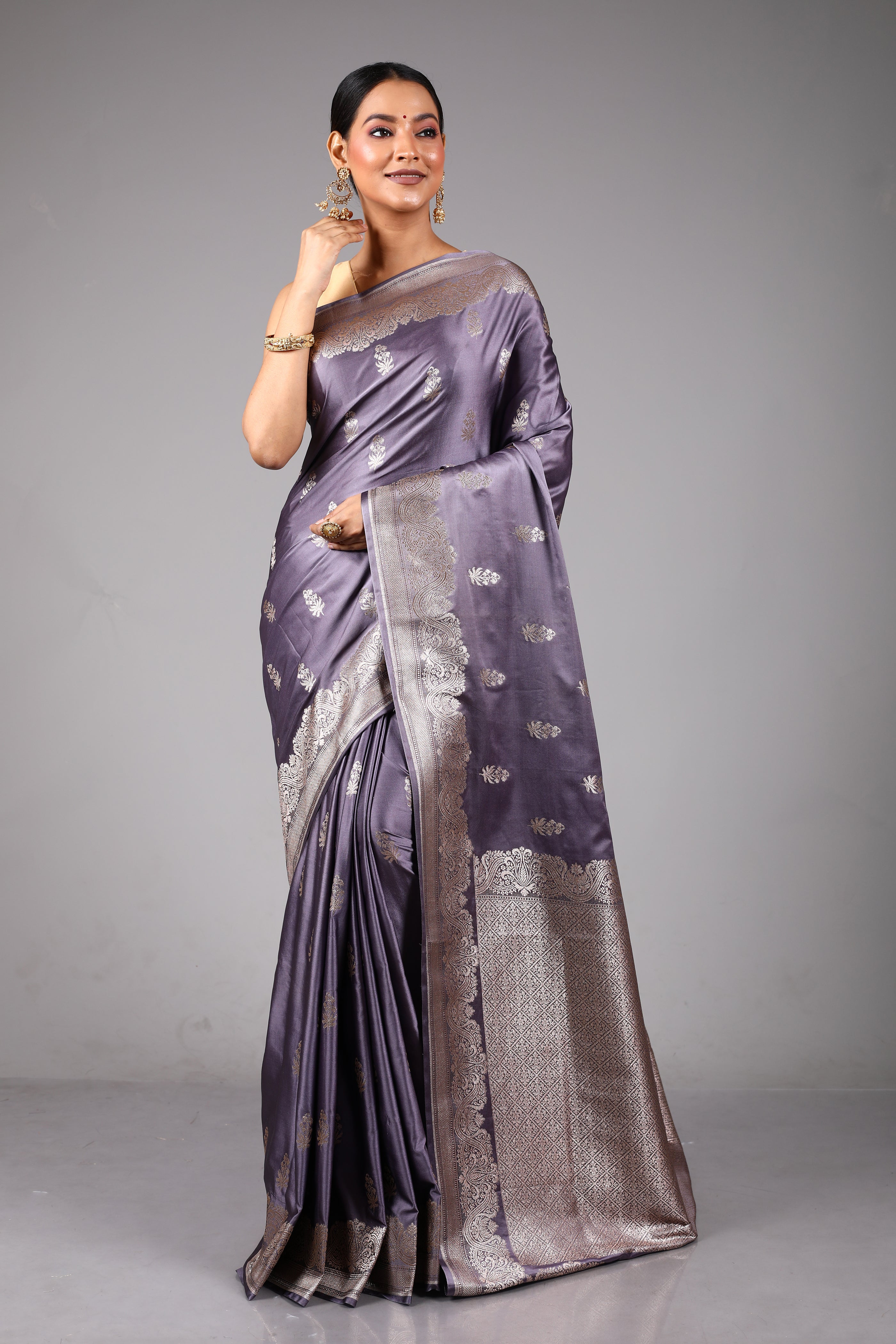 Grey Blended Satin Silk Saree