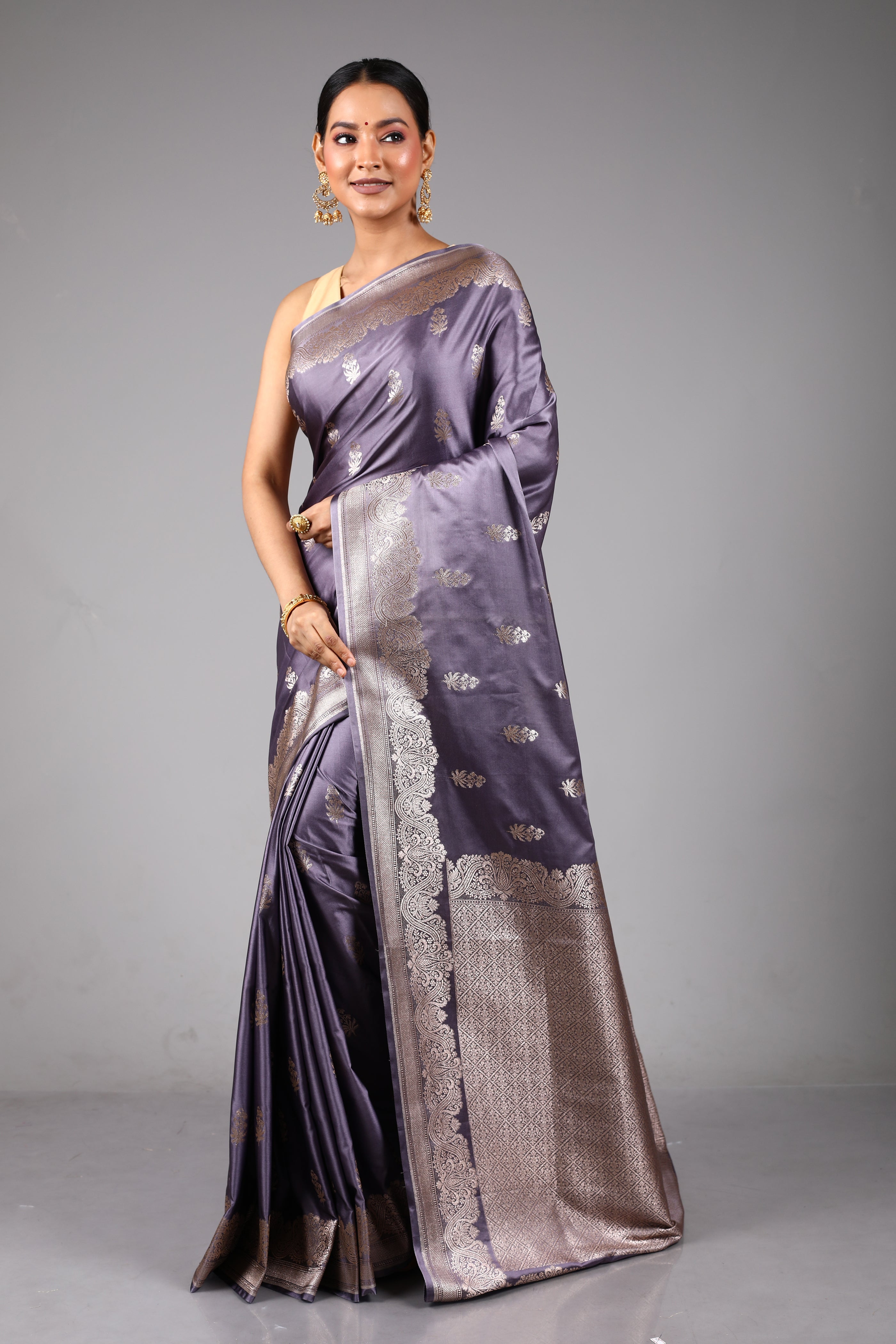 Grey Blended Satin Silk Saree