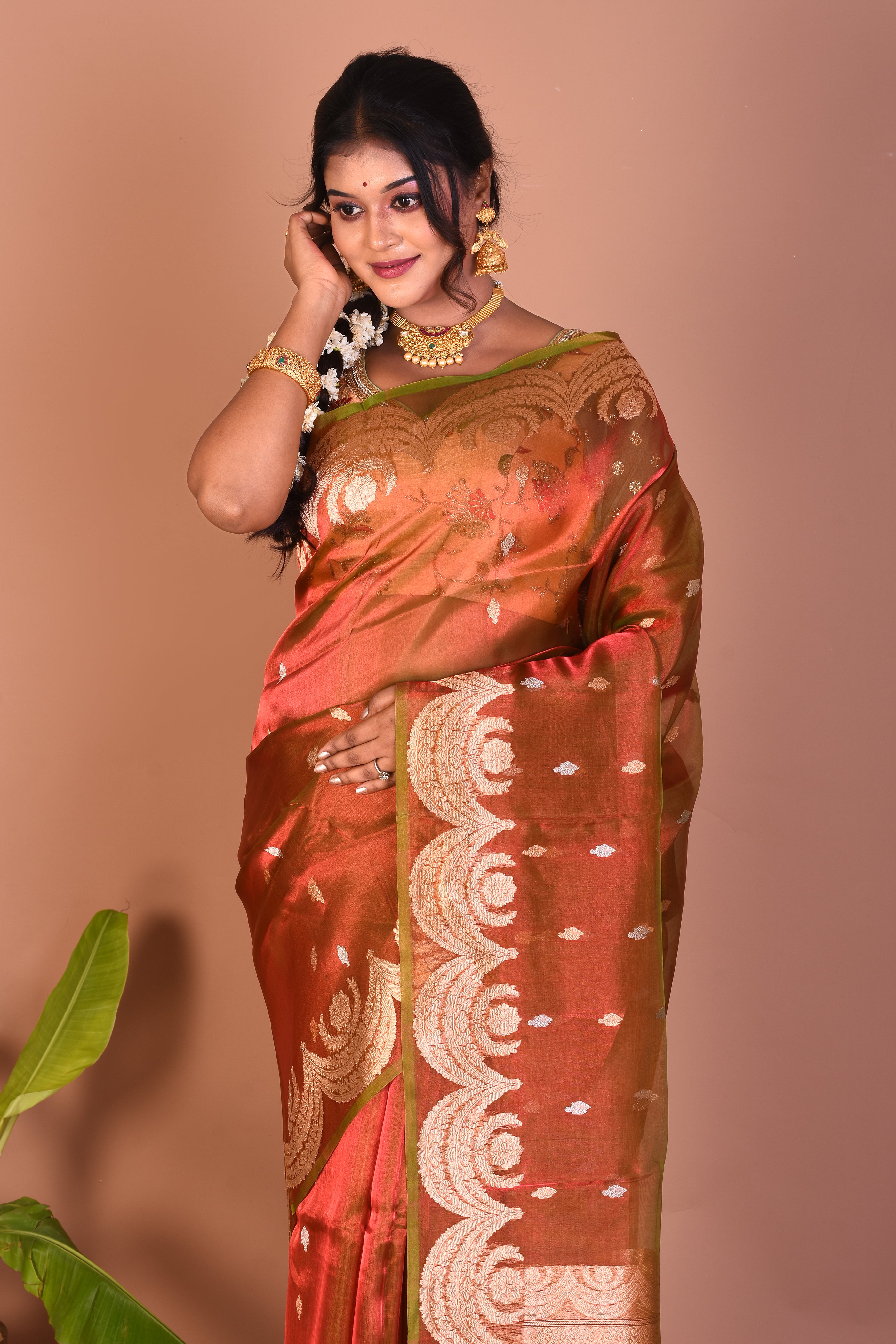 Dual Tone Rust Pure Tissue Saree - Keya Seth Exclusive