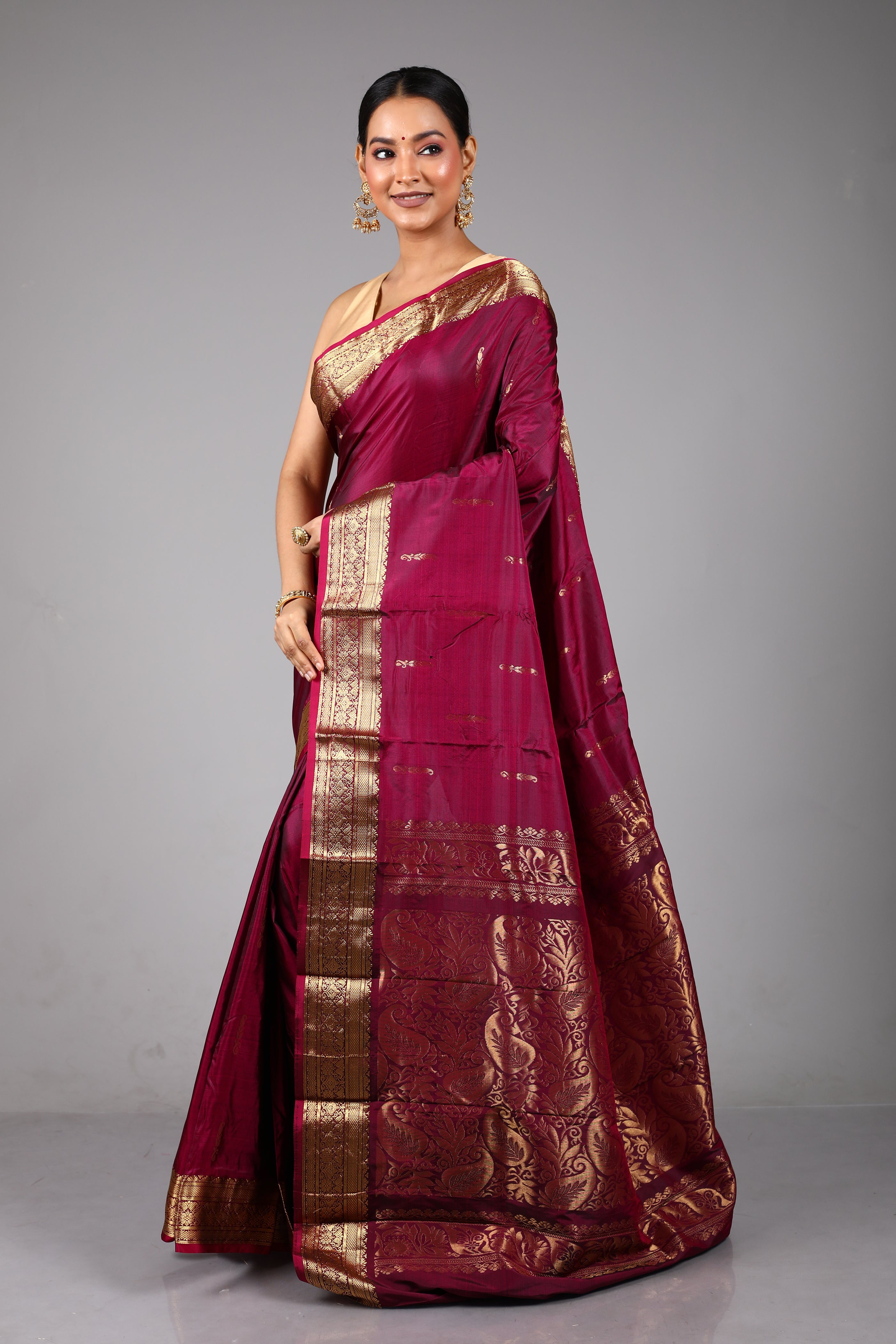 Wine Blended Kanjivaram Silk Saree