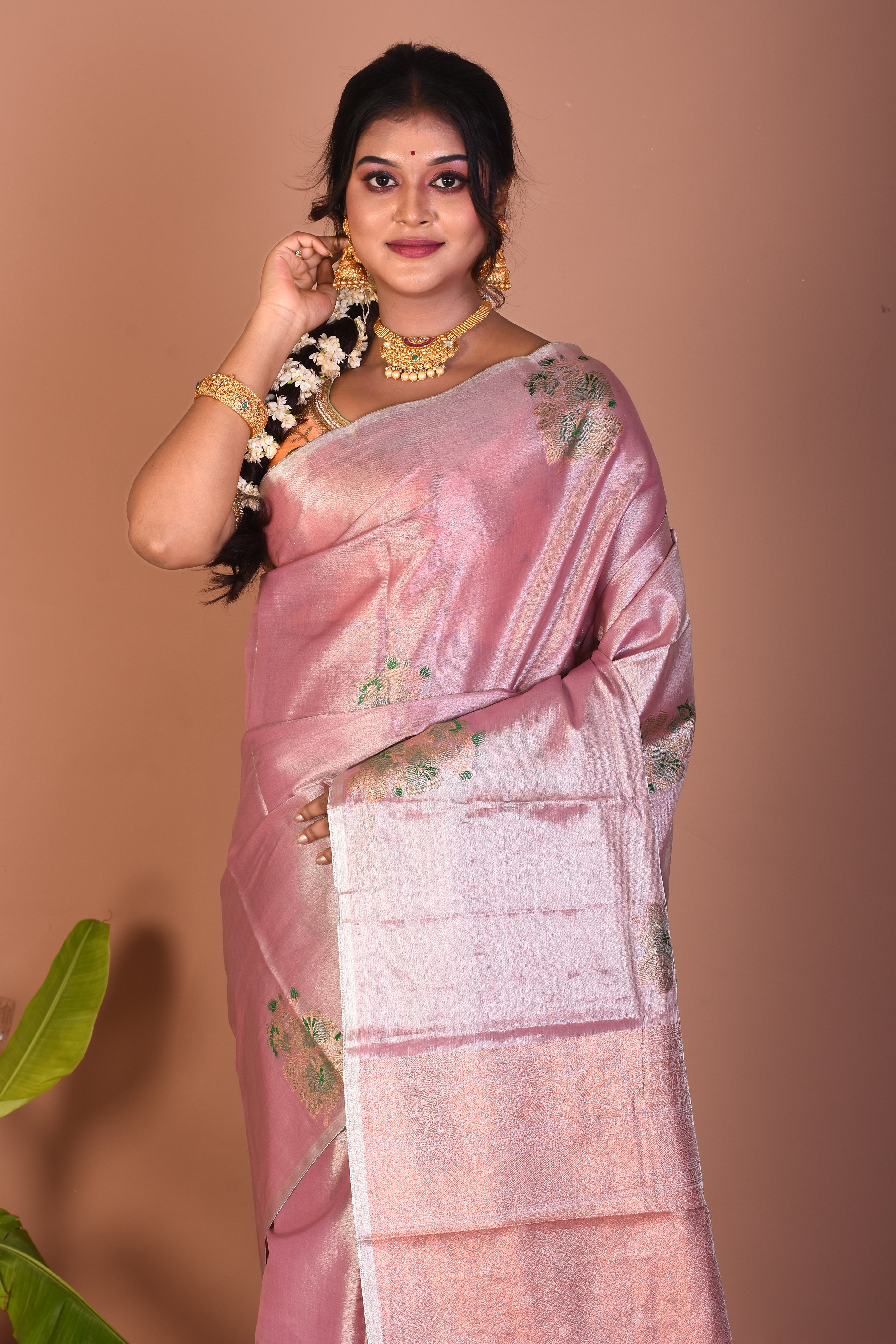 Peach Blended Crushed Tissue Saree - Keya Seth Exclusive
