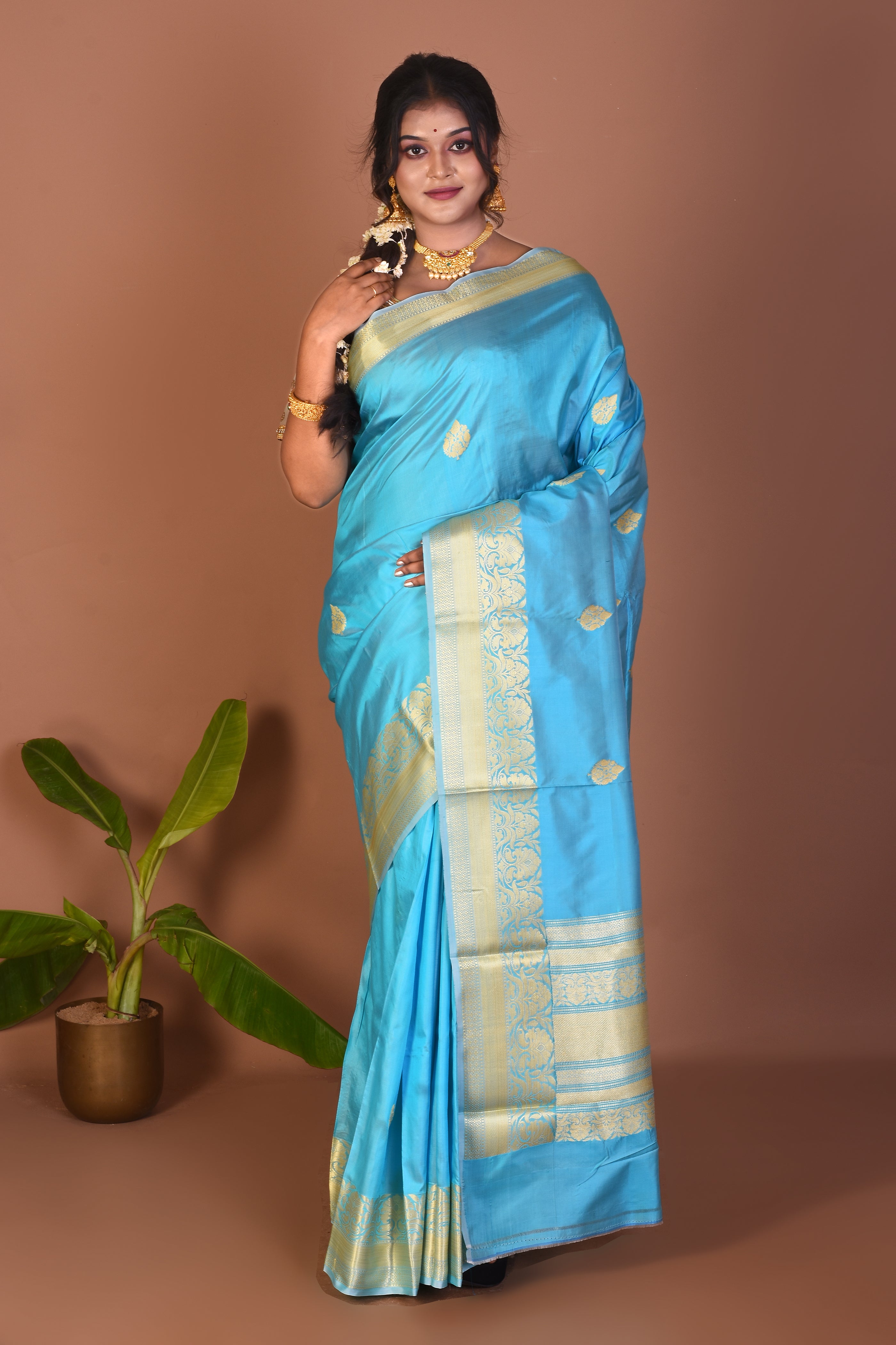 Sky Blue Pure Katan Saree - Keya Seth Exclusive