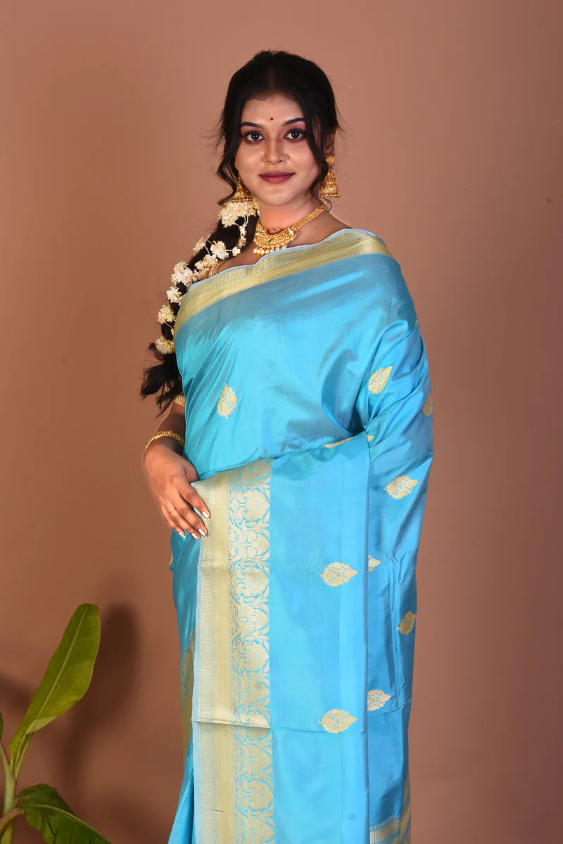 Sky Blue Pure Katan Saree - Keya Seth Exclusive